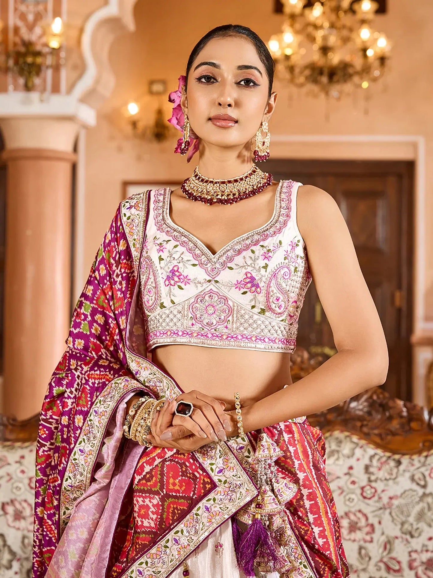 Significant Cream Embroidered Tissue Designer Lehenga Choli With Dupatta