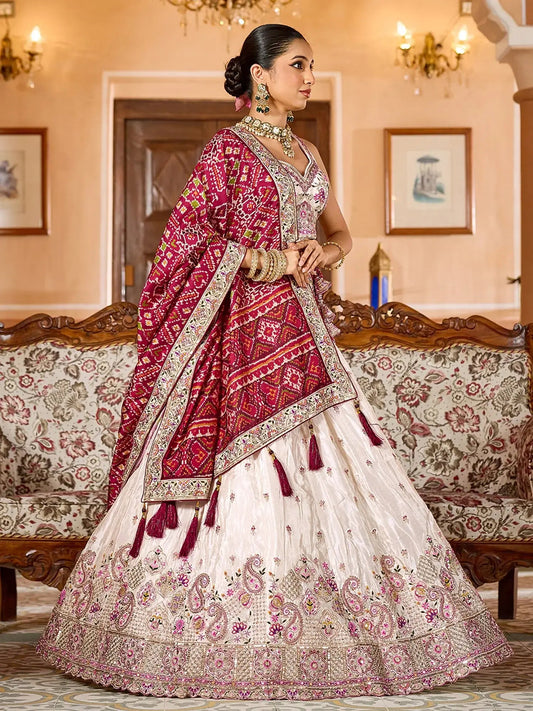 Great Cream Tissue Thread Work Marraige Wear Lehenga Choli With Dupatta
