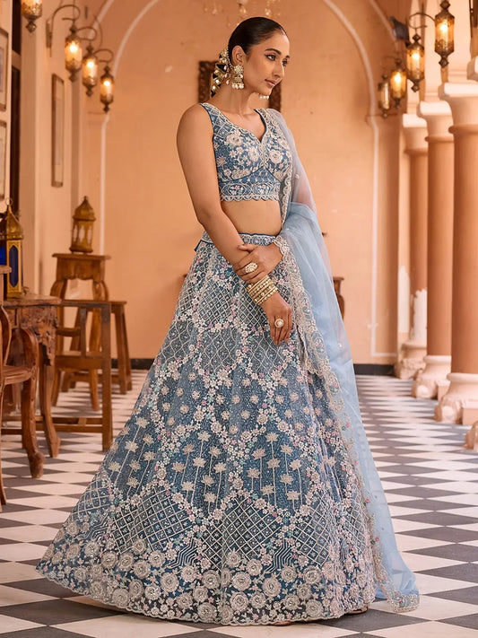 Ravishing Teal Blue Net Embroidered Engagement Wear Lehenga With Blouse