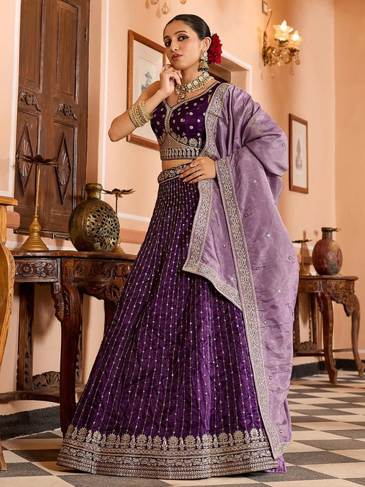 Magnetic Wine Dori Work Tissue Wedding Wear Lehenga Choli With Dupatta