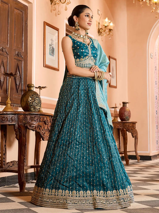 Classy Teal Green Embroidered Tissue Mehendi Wear Lehenga Choli With Dupatta