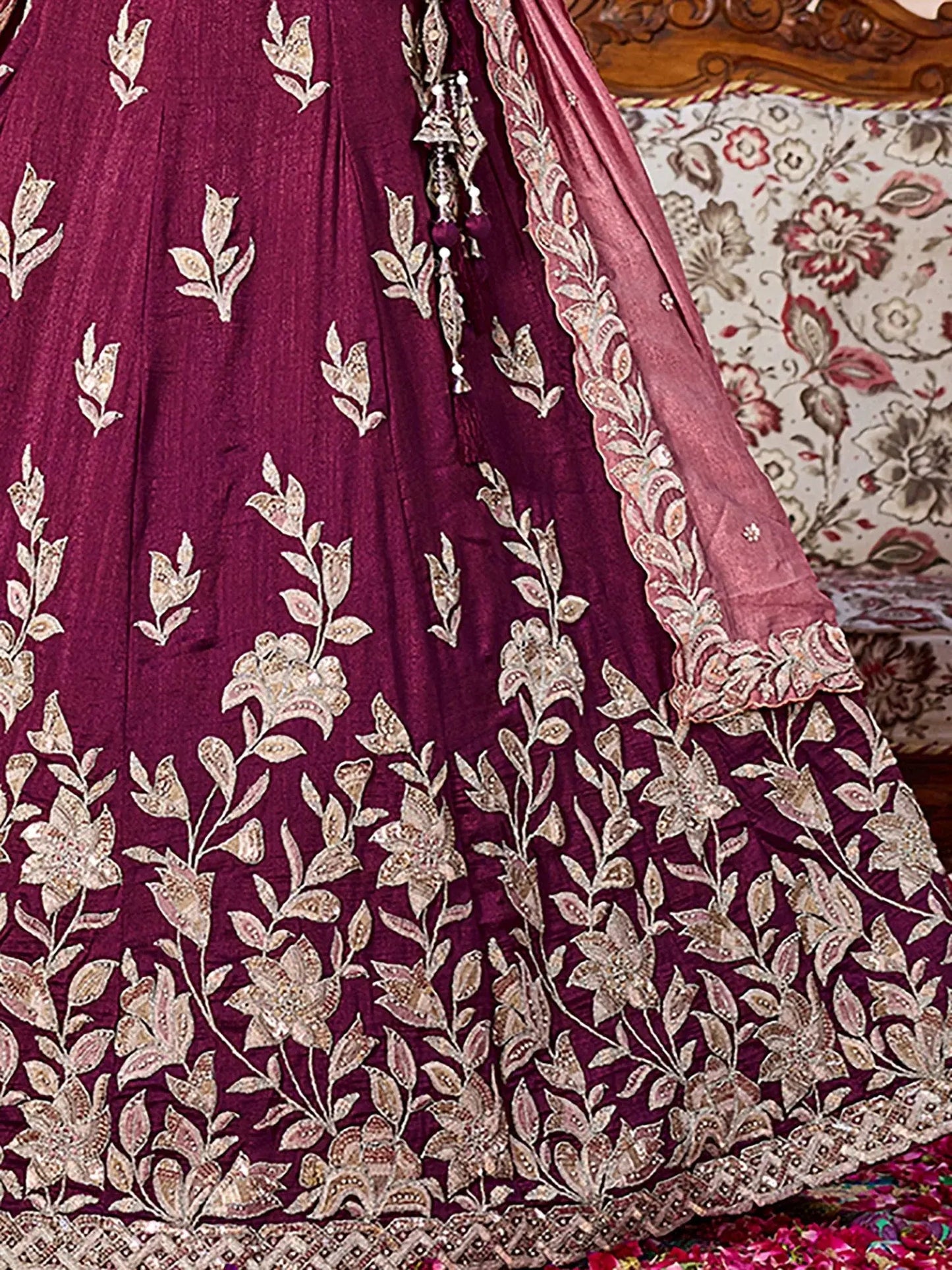 Splendid Burgundy Floral Embroidery Silk Reception Wear Lehenga With Blouse
