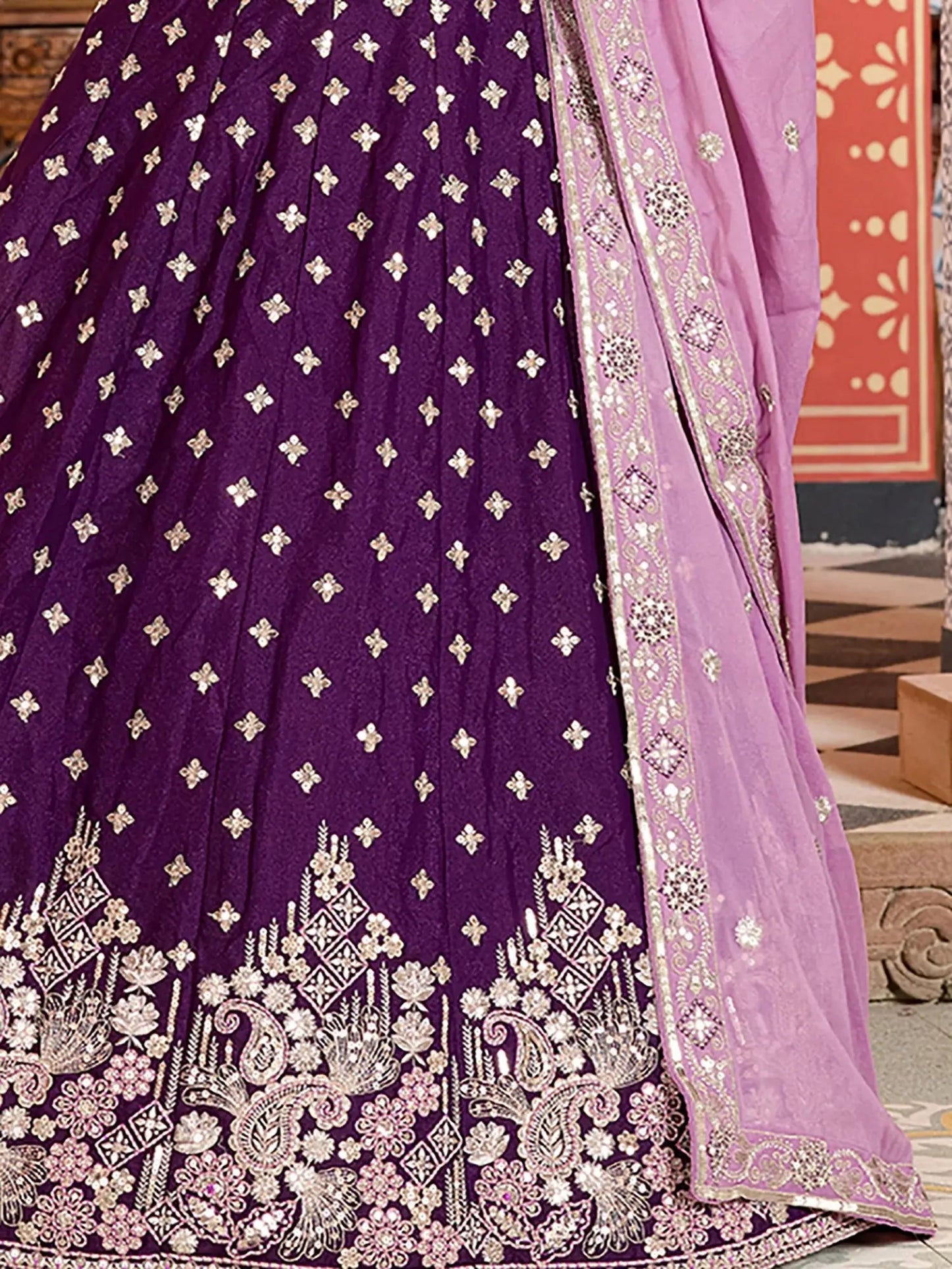 Spectacular Violet Heavy Embroidered Tissue Designer Lehenga Choli With Dupatta