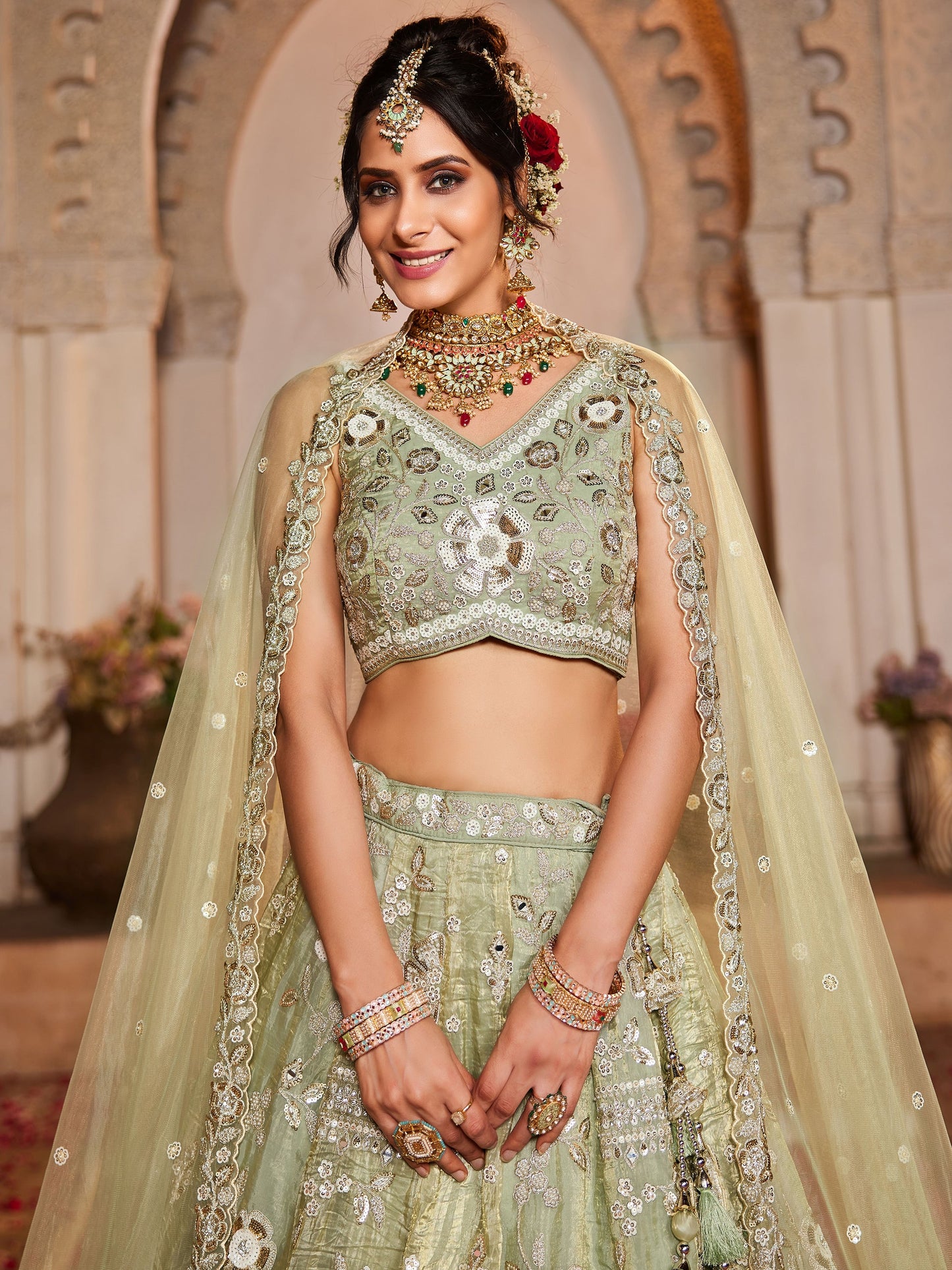 Attractive Pista Green Sequins Work Tissue Silk Bridal Lehenga Choli