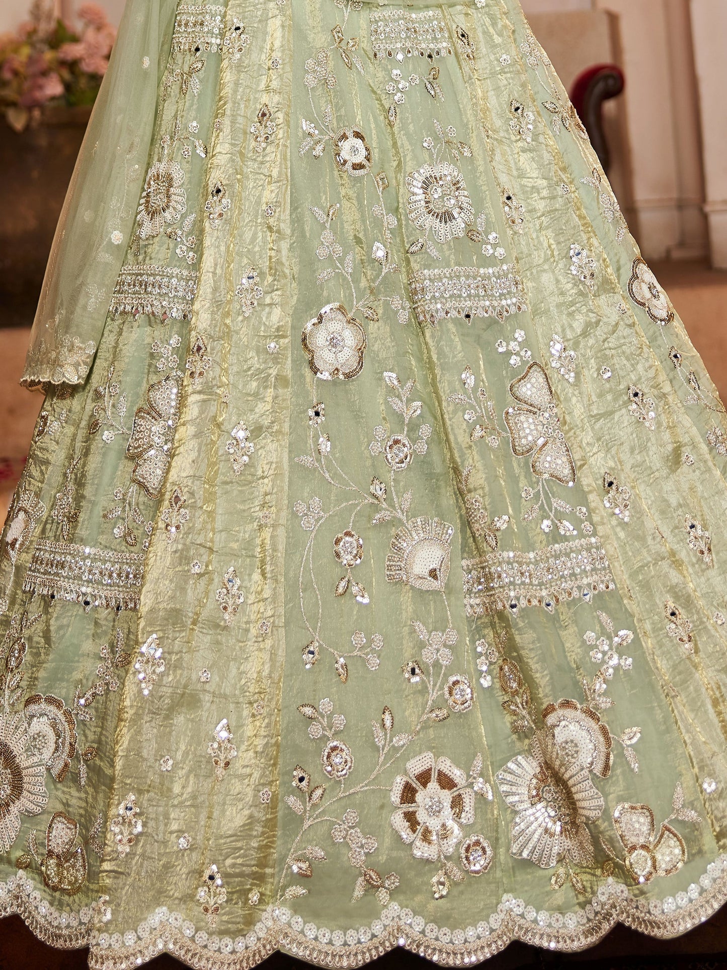 Attractive Pista Green Sequins Work Tissue Silk Bridal Lehenga Choli