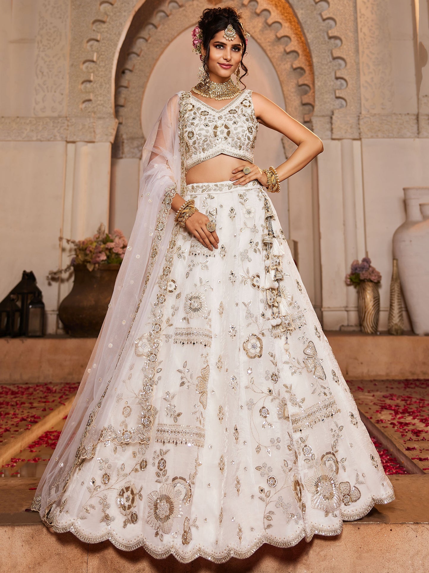 Alluring Off-White Sequins Work Tissue Silk Designer Lehenga Choli With Dupatta