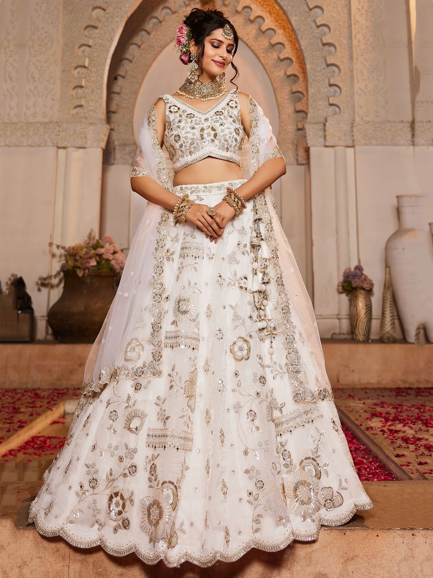 Alluring Off-White Sequins Work Tissue Silk Designer Lehenga Choli With Dupatta