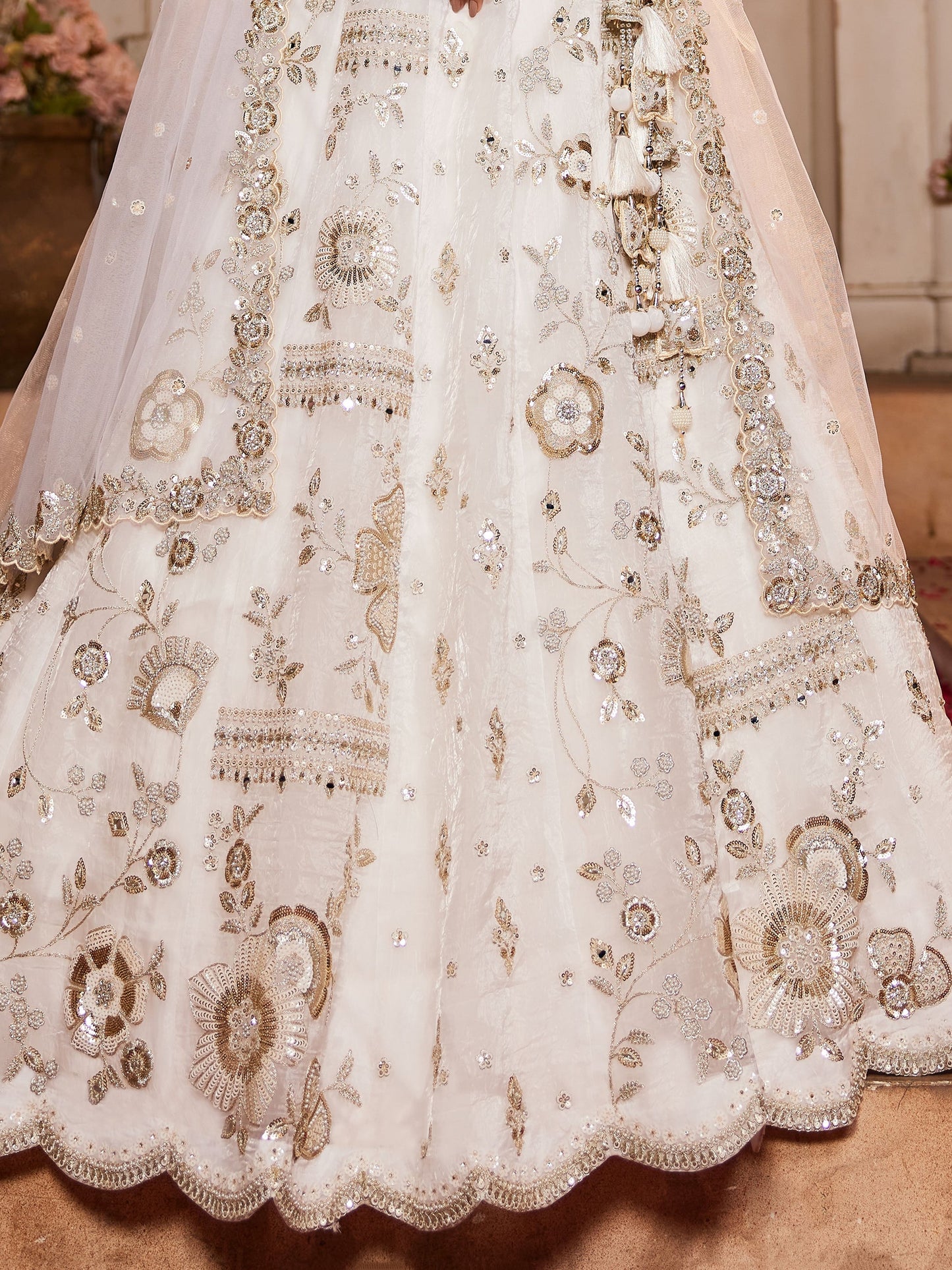 Alluring Off-White Sequins Work Tissue Silk Designer Lehenga Choli With Dupatta