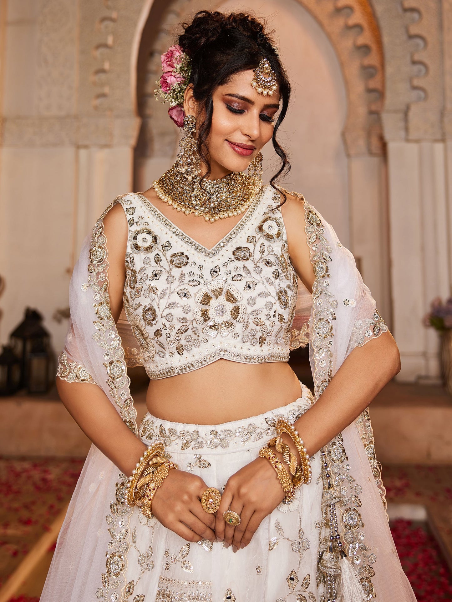 Alluring Off-White Sequins Work Tissue Silk Designer Lehenga Choli With Dupatta