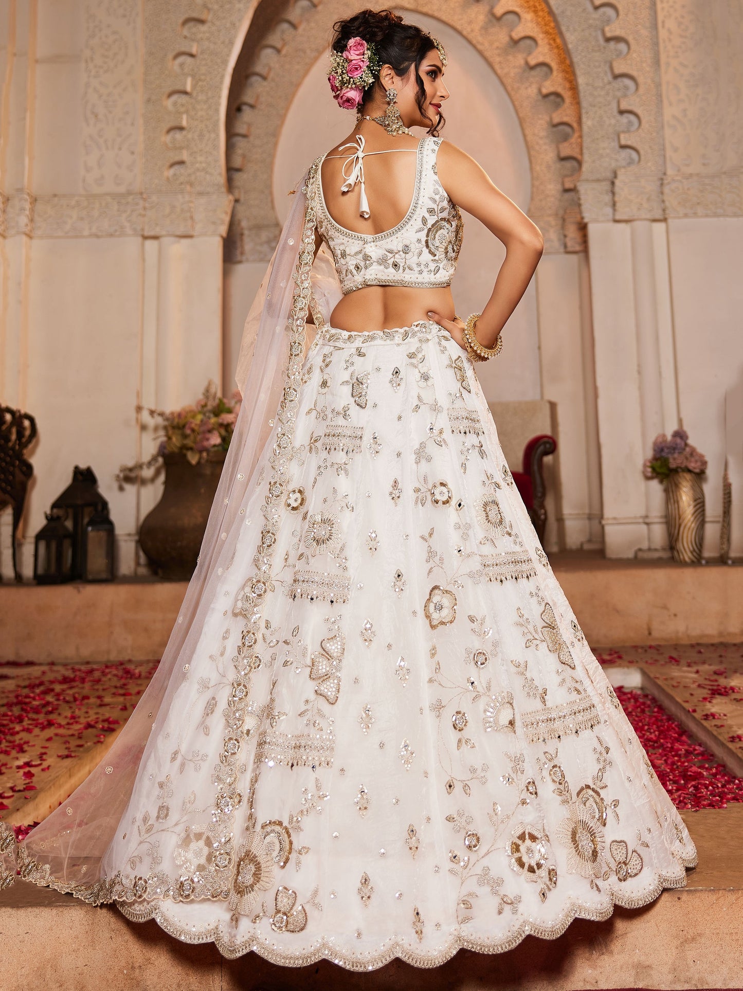 Alluring Off-White Sequins Work Tissue Silk Designer Lehenga Choli With Dupatta