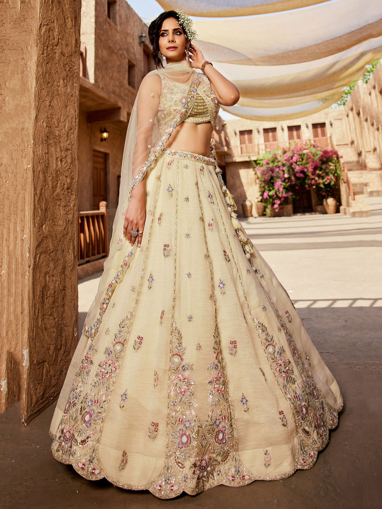 Fantastic Cream Bead Work Tissue Silk Wedding Wear Lehenga Choli With Dupatta
