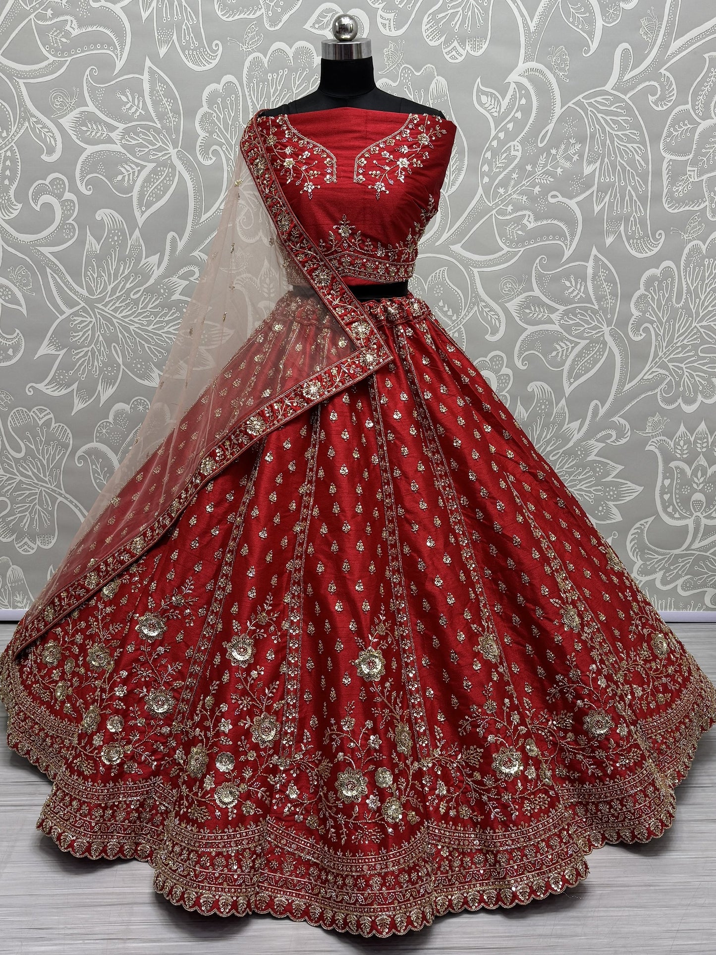 Lovely Red Hand Work Silk Bridal Wear Lehenga Choli With Double Dupatta