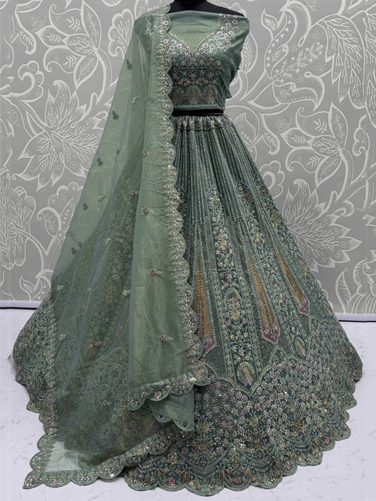 Attractive Green Zircon Work Net Bridesmaid Lehenga With Blouse