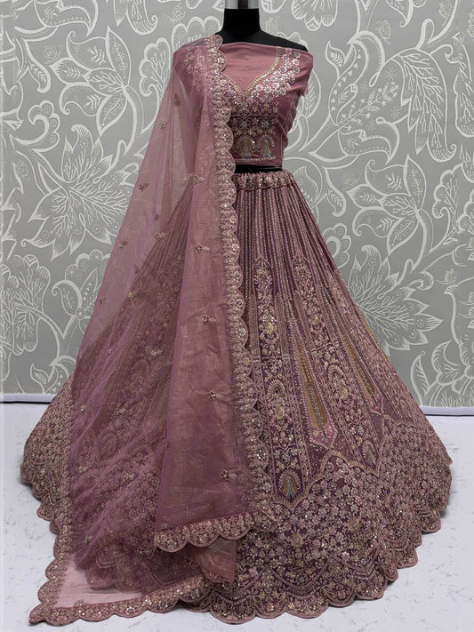 Regal Mauve Thread Embroidery Net Engagement Wear Lehenga Choli