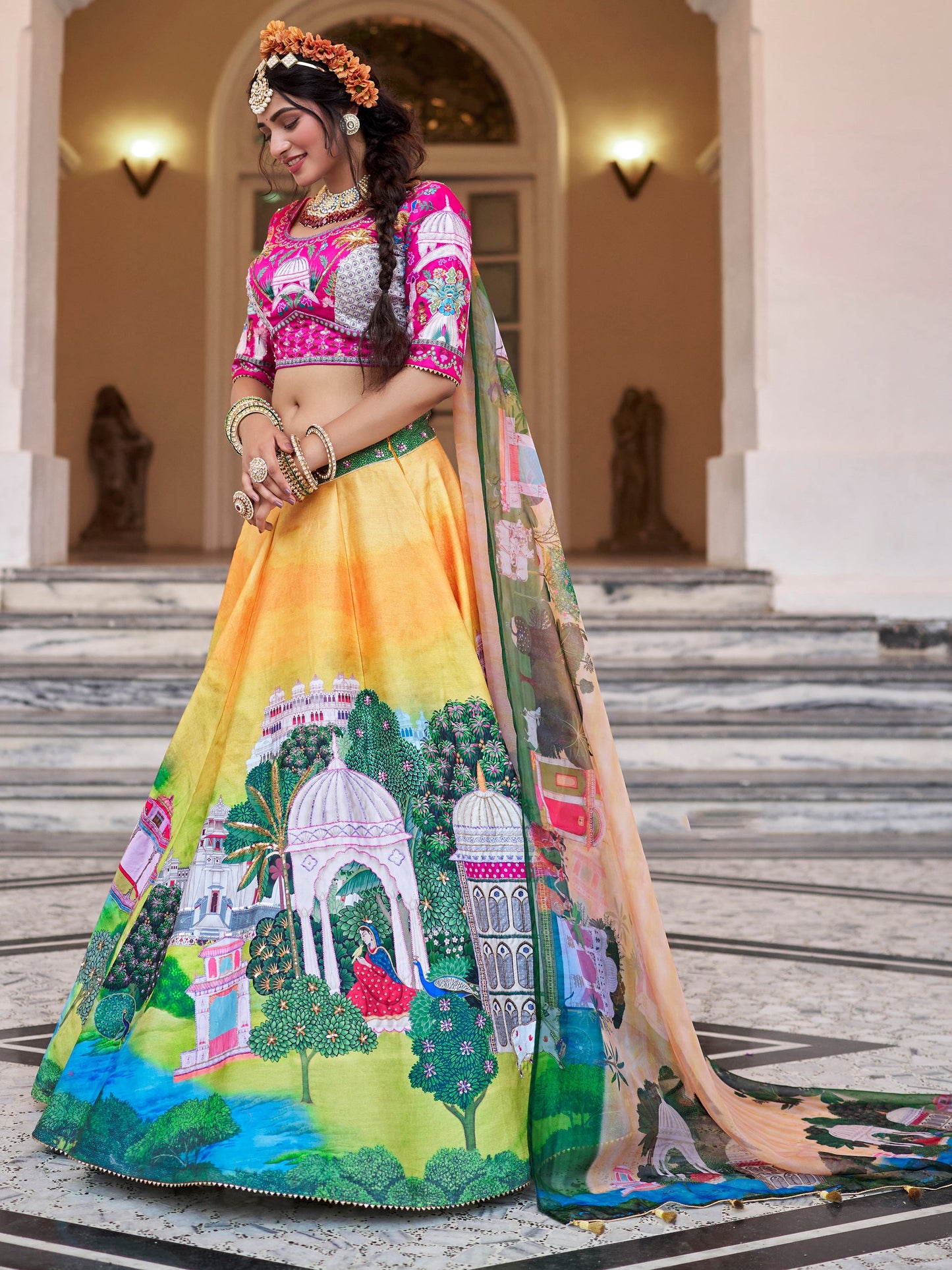 Alluring Yellow Printed Art Silk Bridesmaid Lehenga Choli