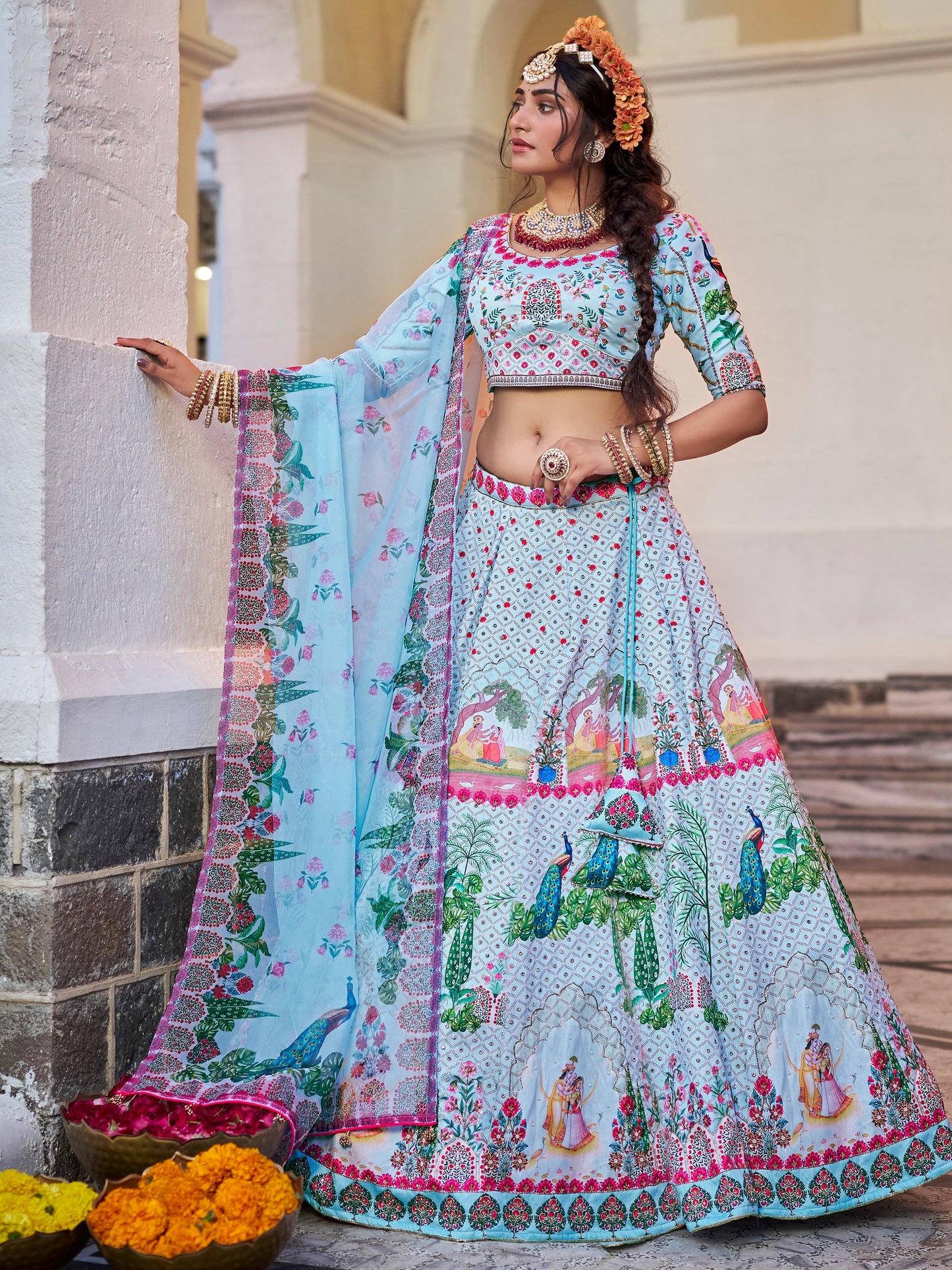 Wonderful Sky-Blue Printed Art Silk Traditional Lehenga Choli