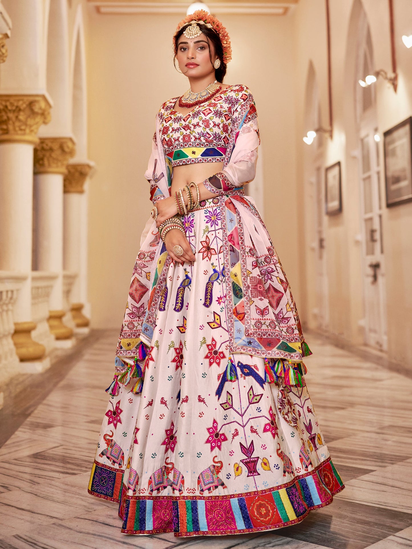 Awesome Off-White Printed Art Silk Festive Wear Lehenga Choli With Dupatta