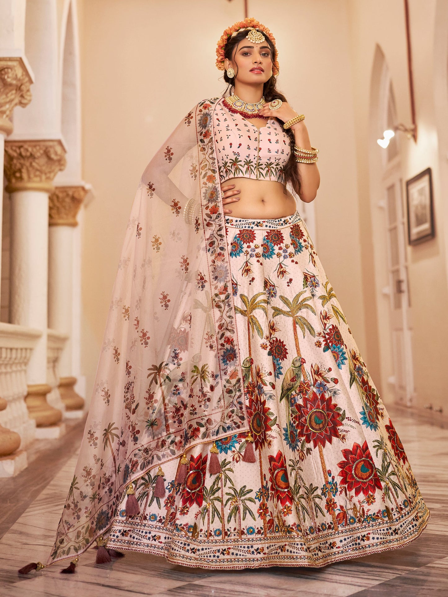Beautiful Off-White Floral Printed Art Silk Wedding Wear Lehenga Choli