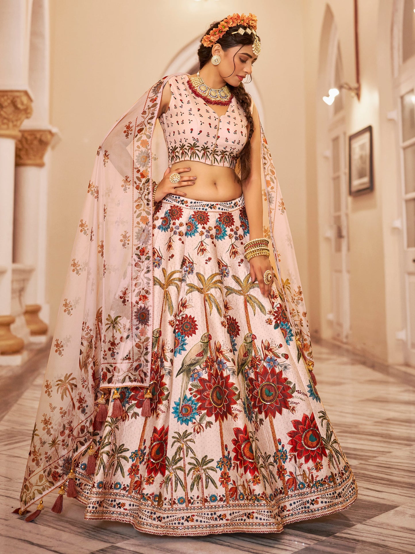 Beautiful Off-White Floral Printed Art Silk Wedding Wear Lehenga Choli