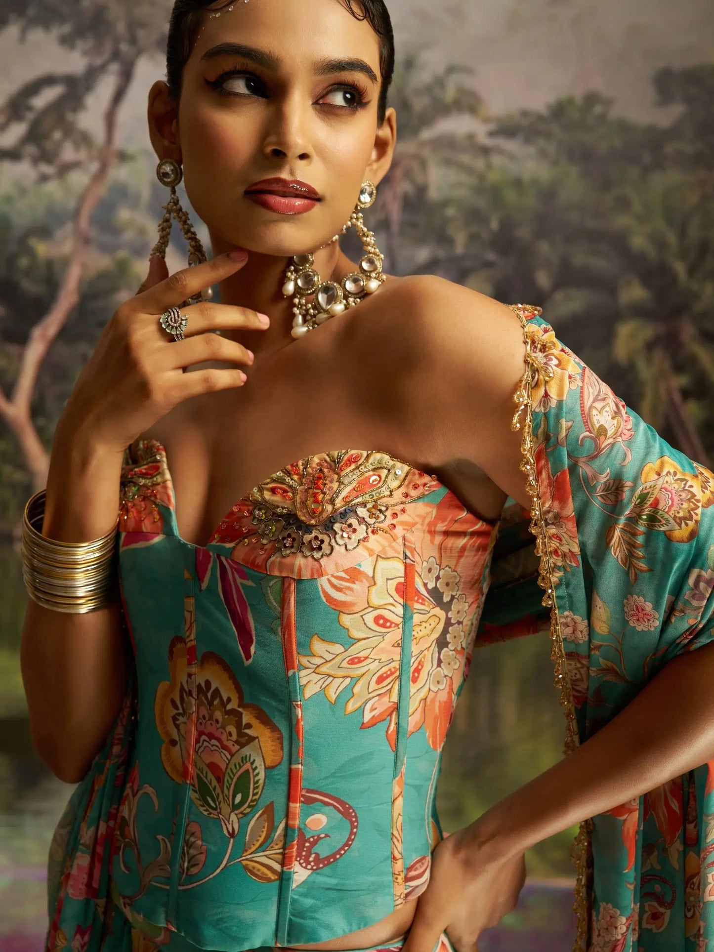 Sensational Mint Blue Floral Printed Georgette Party Wear Lehenga With Co-Ord Blouse