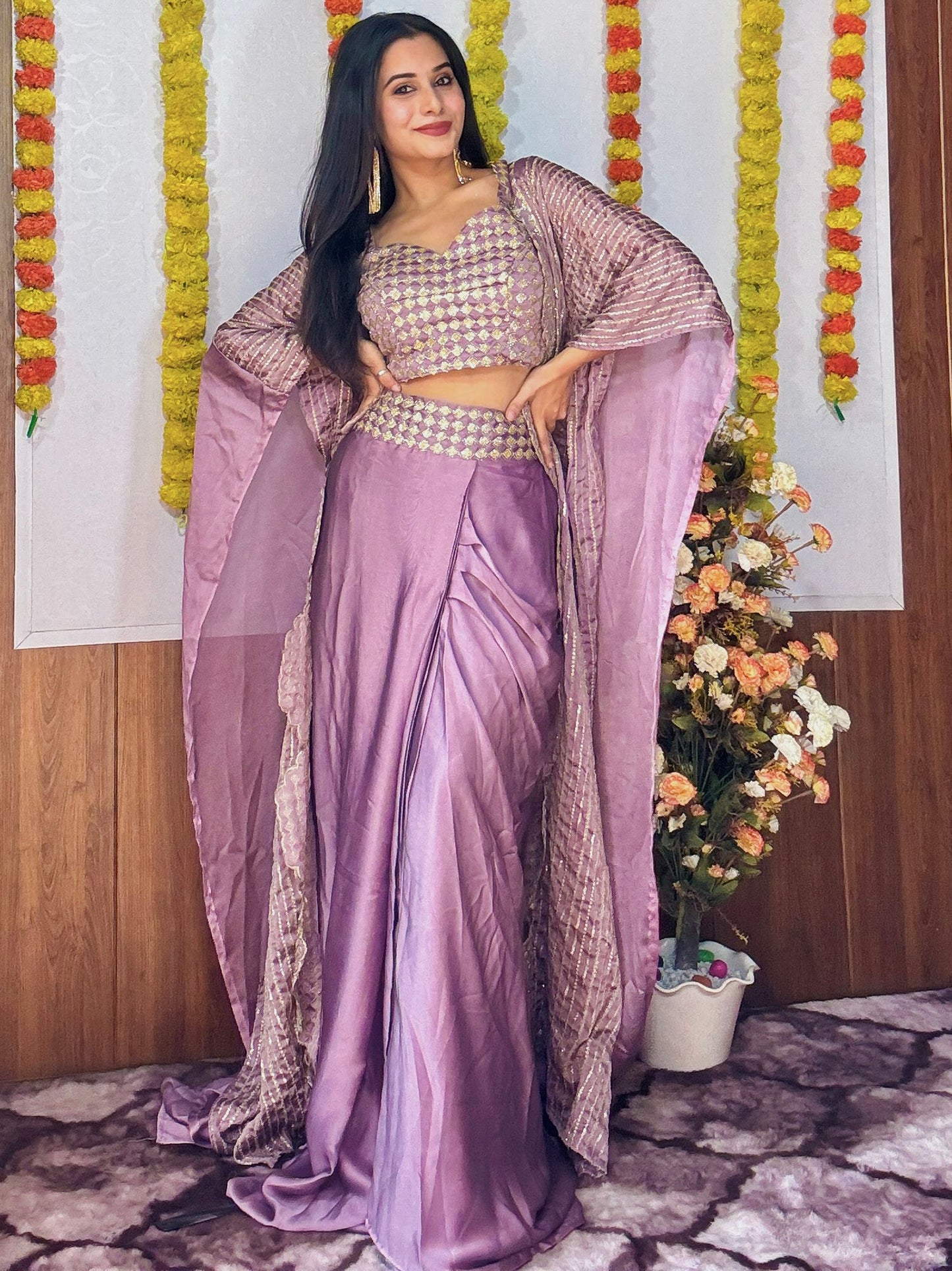 Enchanting Purple Sequins Work Silk Party Wear Skirt Choli With Shrug