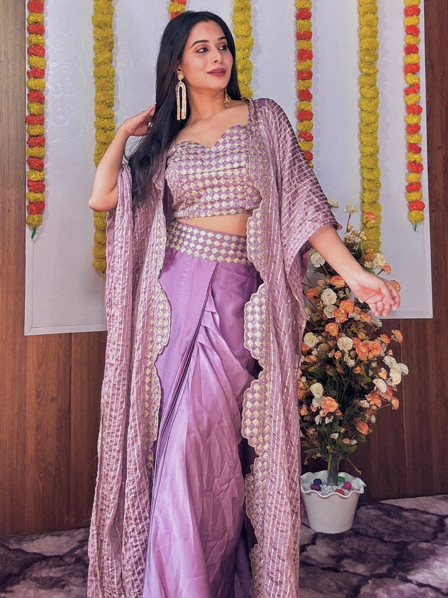 Enchanting Purple Sequins Work Silk Party Wear Skirt Choli With Shrug