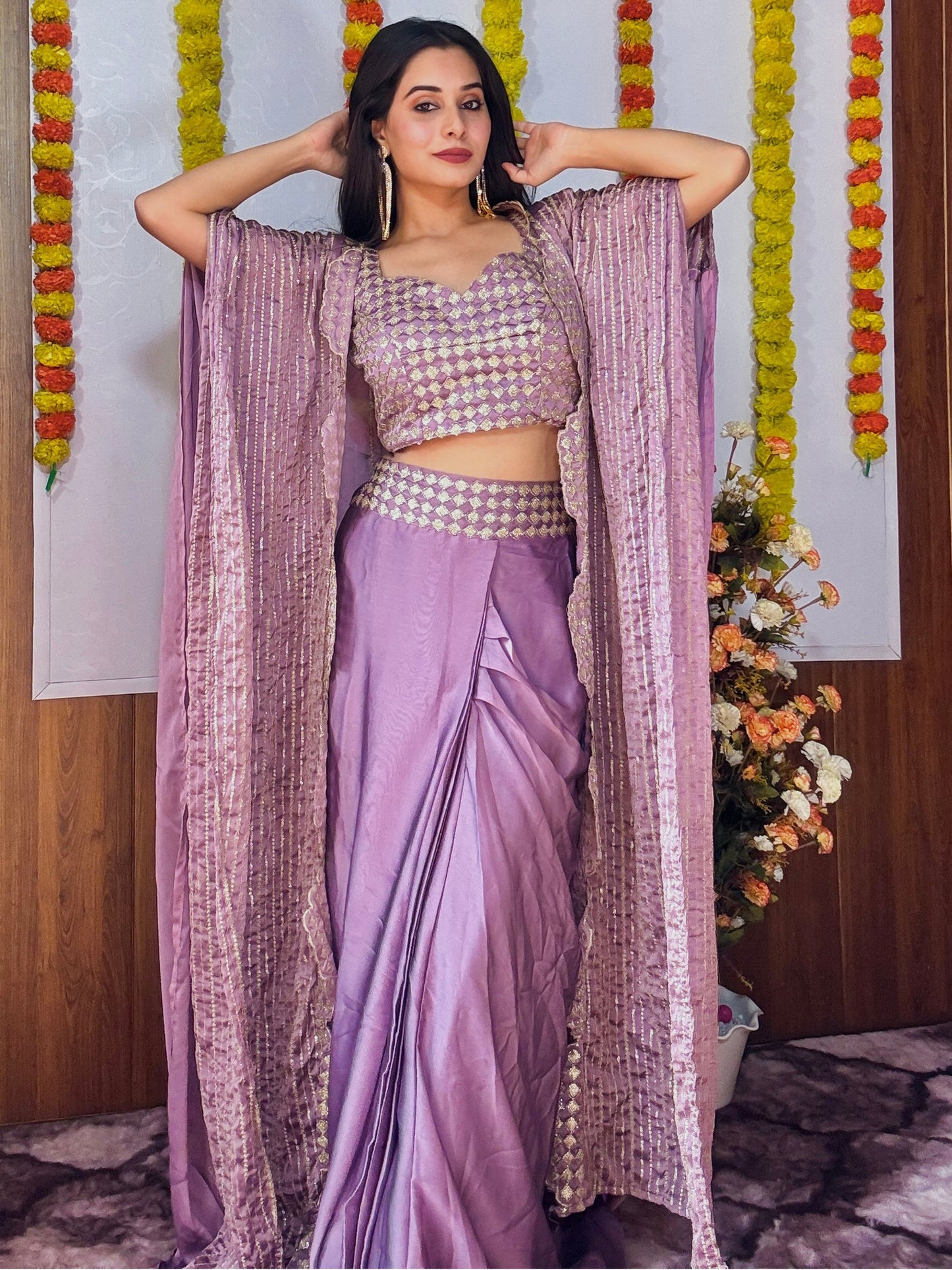 Enchanting Purple Sequins Work Silk Party Wear Skirt Choli With Shrug