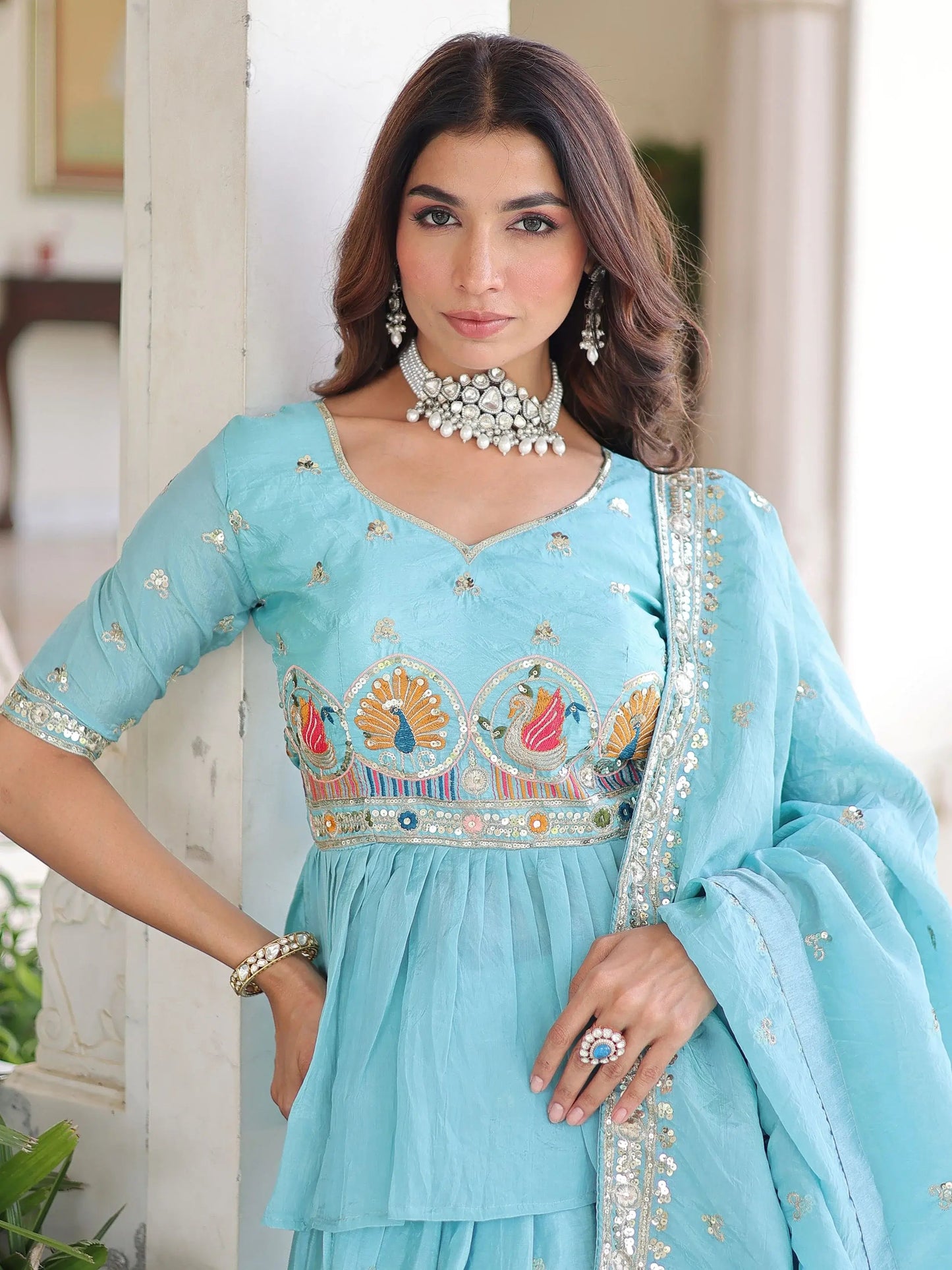 Charming Sky Blue Thread Work Silk Designer Lehenga With Peplum Top