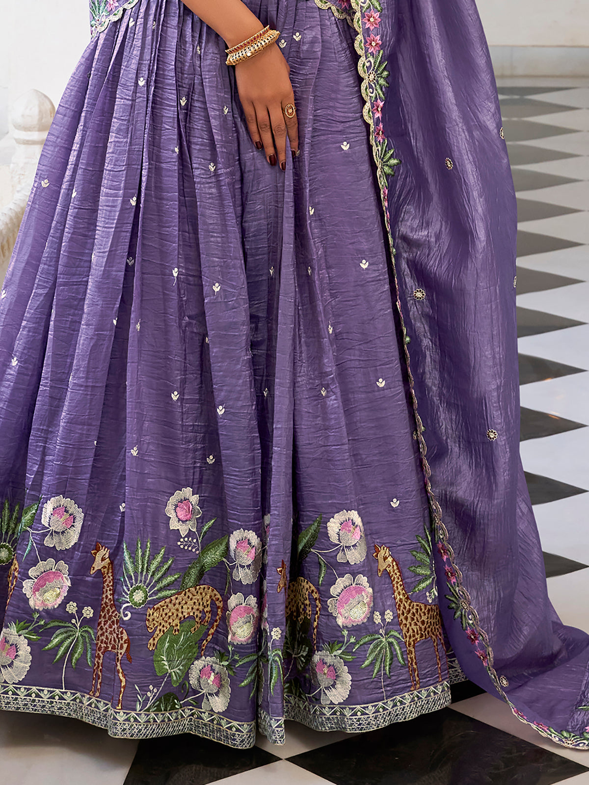 Charming Lavender Thread Embroidered Crush Silk Lehenga Choli With Dupatta