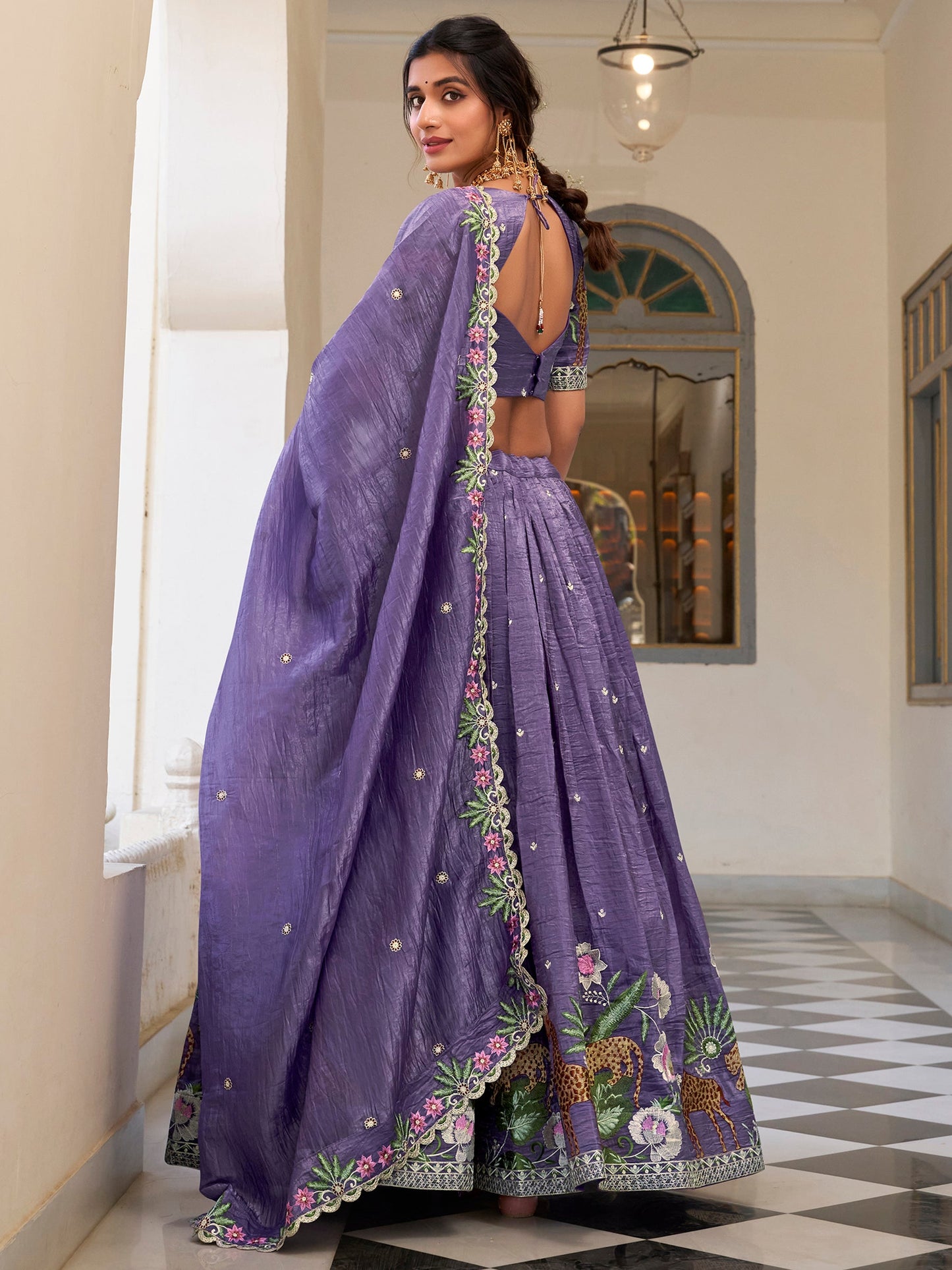 Charming Lavender Thread Embroidered Crush Silk Lehenga Choli With Dupatta