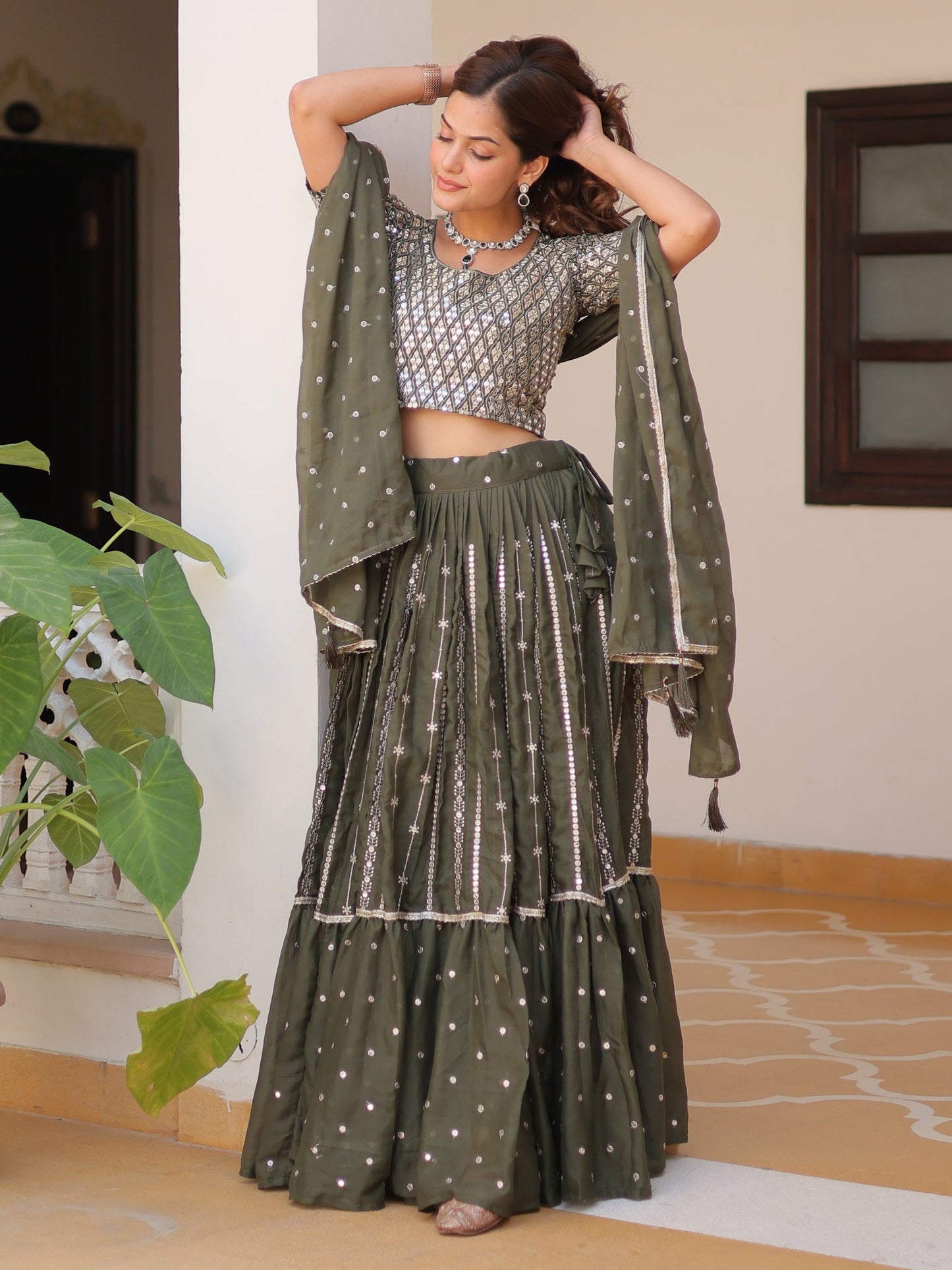 Gorgeous Green Sequins Georgette Mehendi Wear Lehenga Choli With Dupatta