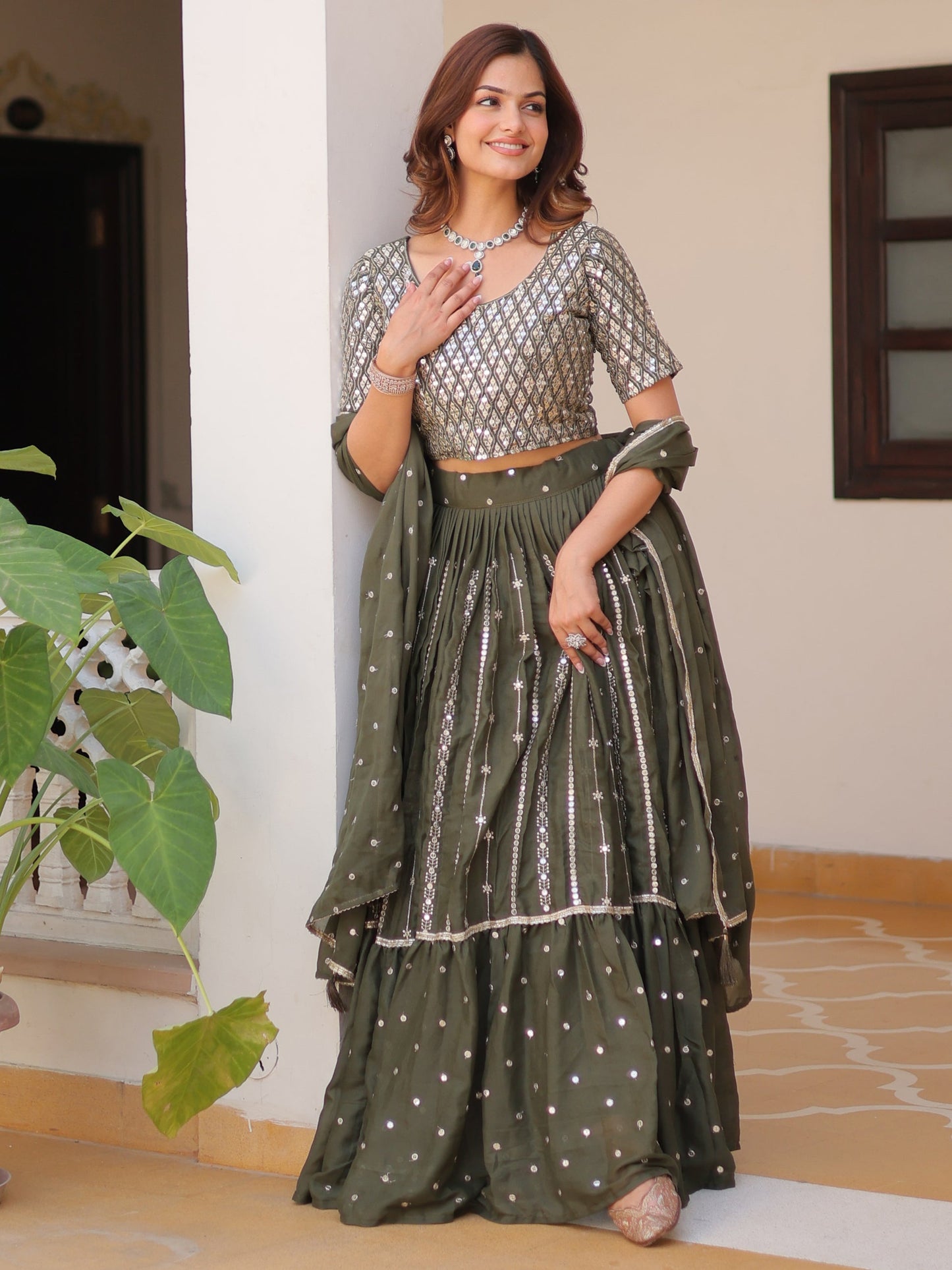 Gorgeous Green Sequins Georgette Mehendi Wear Lehenga Choli With Dupatta