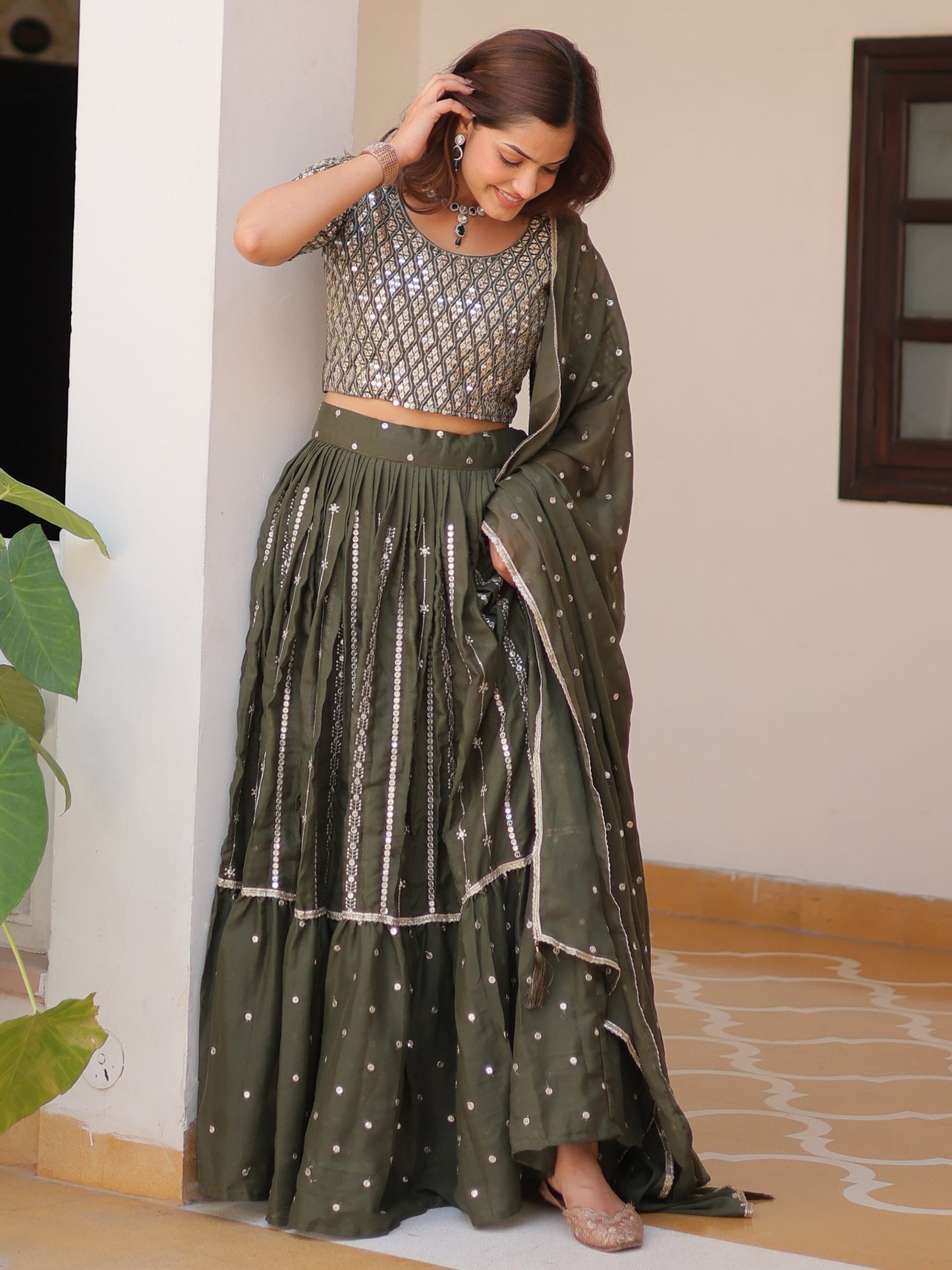 Gorgeous Green Sequins Georgette Mehendi Wear Lehenga Choli With Dupatta