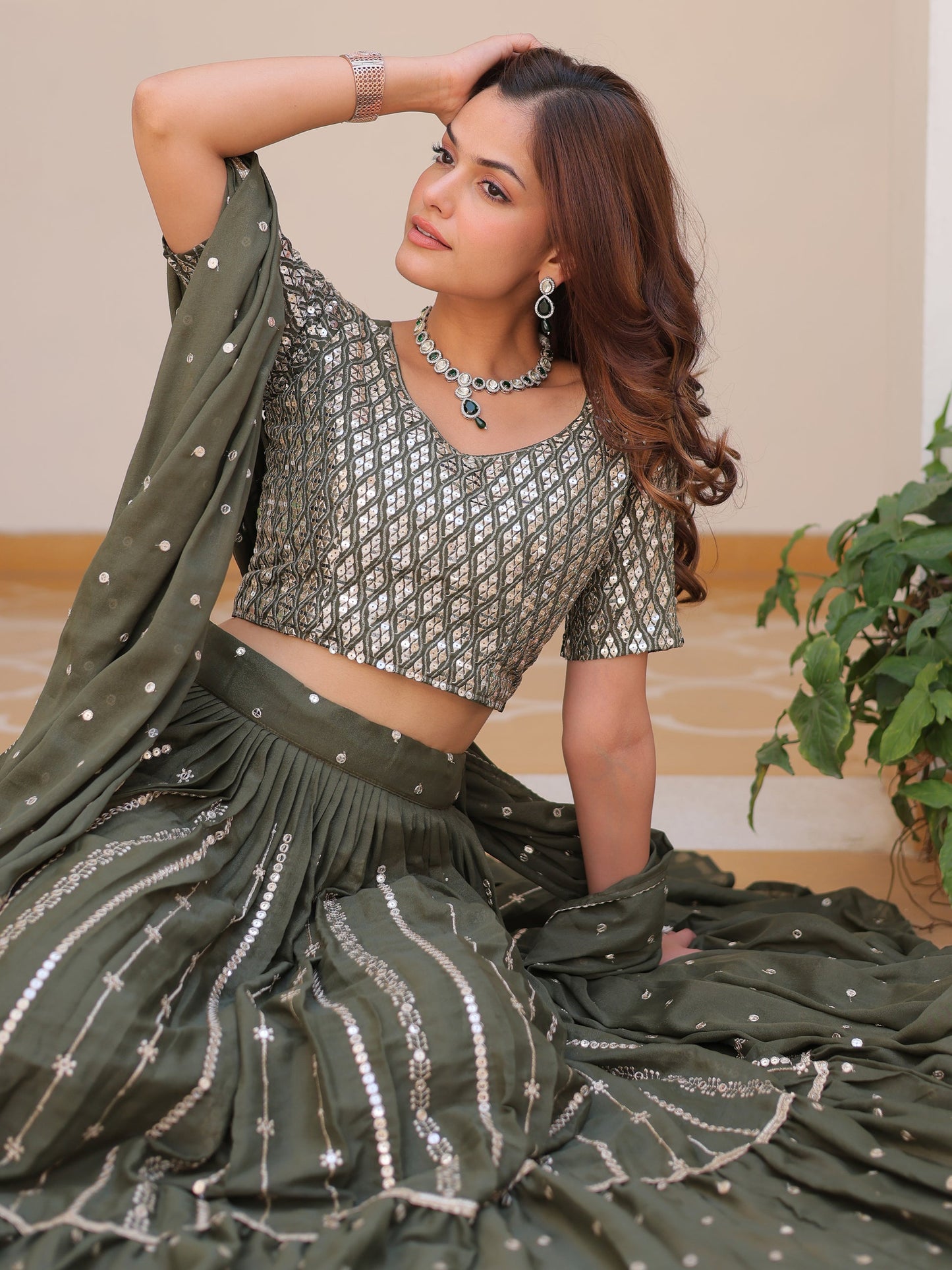 Gorgeous Green Sequins Georgette Mehendi Wear Lehenga Choli With Dupatta