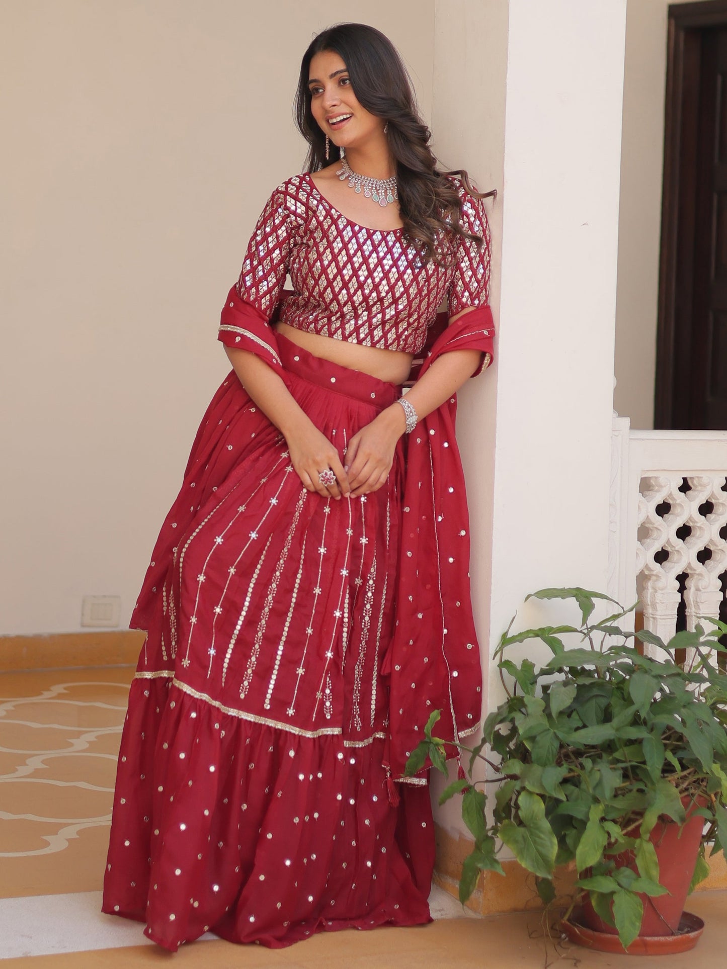 Fabulous Red Sequins Georgette Festive Wear Lehenga Choli With Dupatta