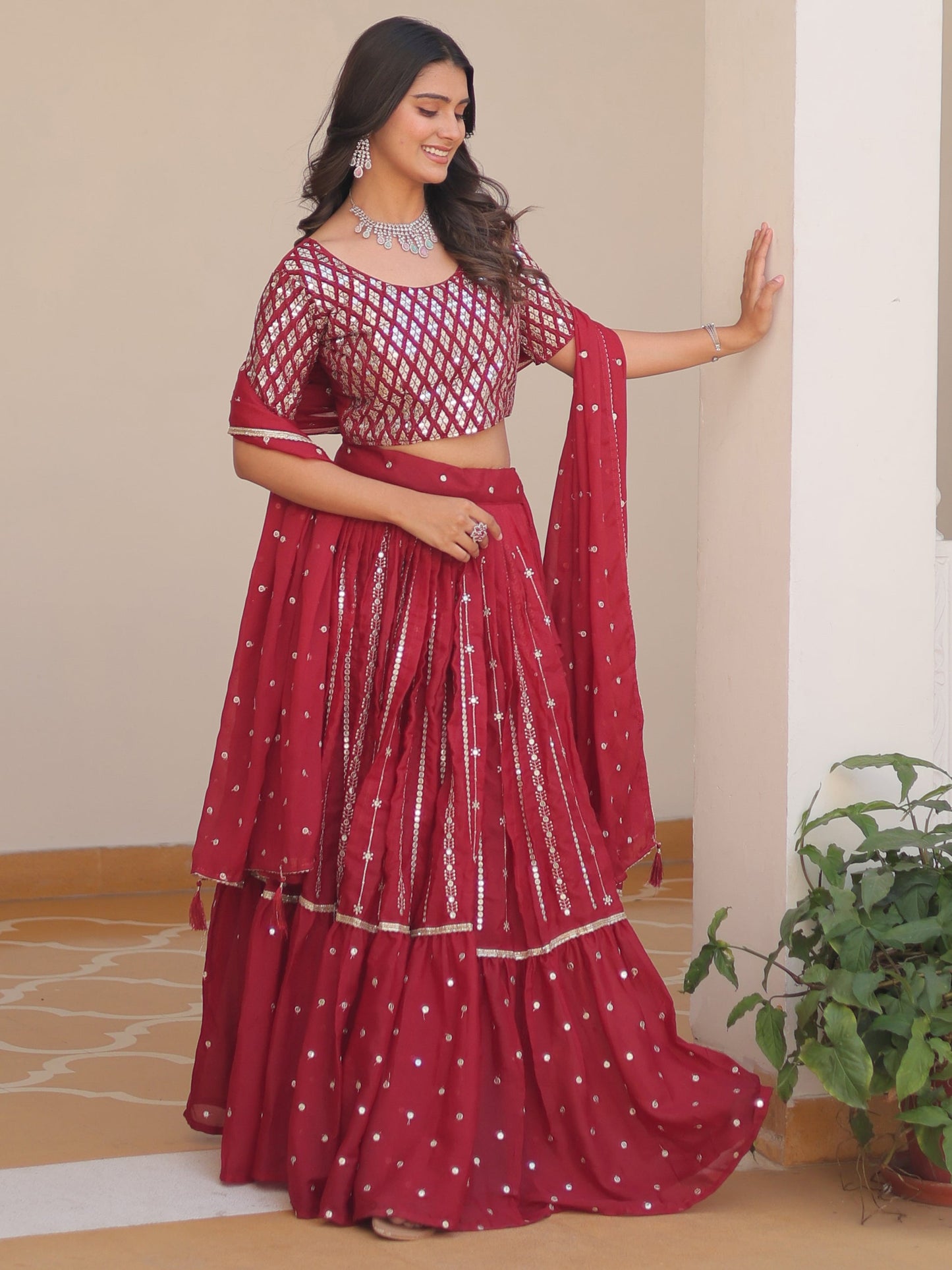 Fabulous Red Sequins Georgette Festive Wear Lehenga Choli With Dupatta