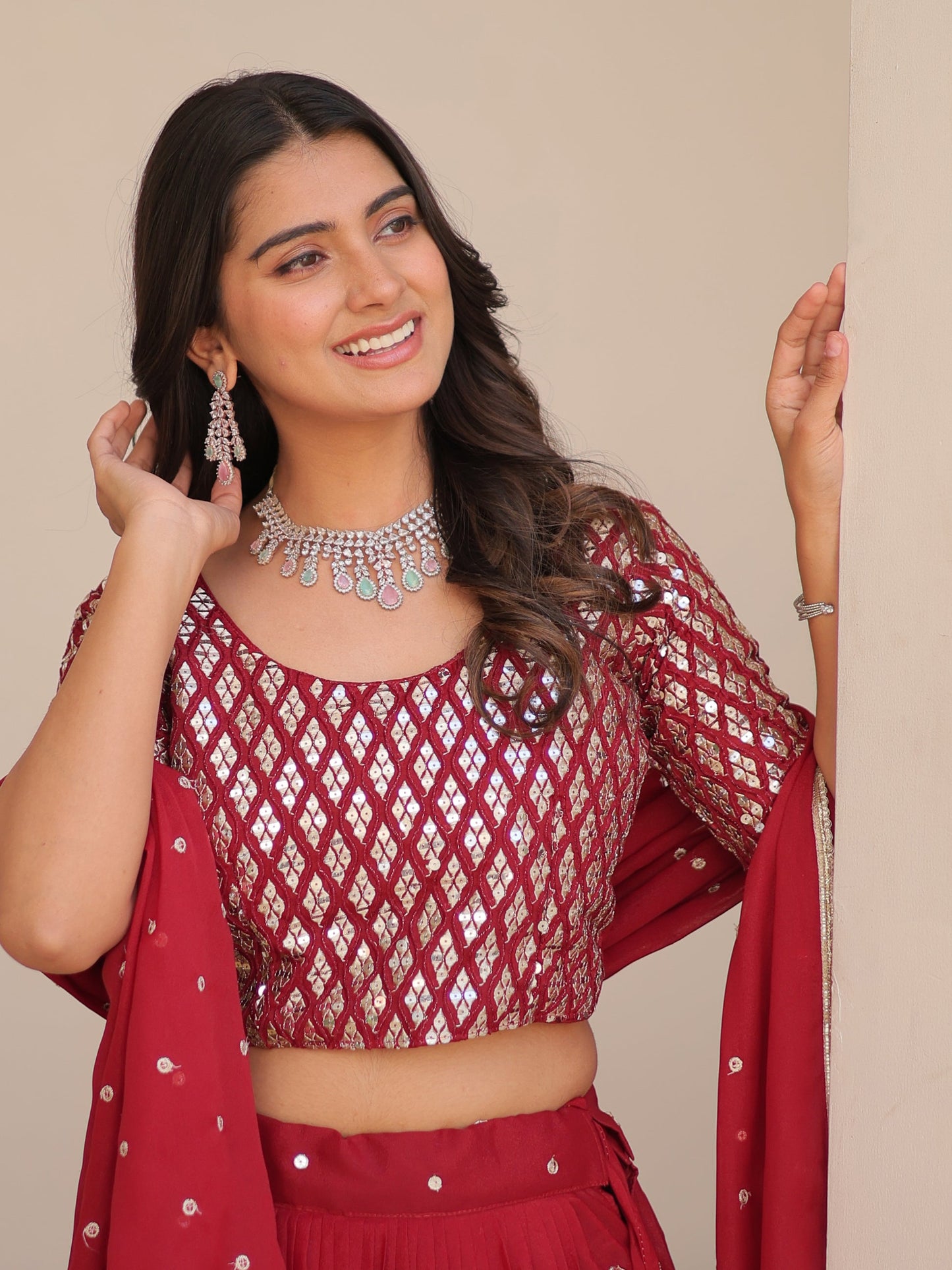 Fabulous Red Sequins Georgette Festive Wear Lehenga Choli With Dupatta