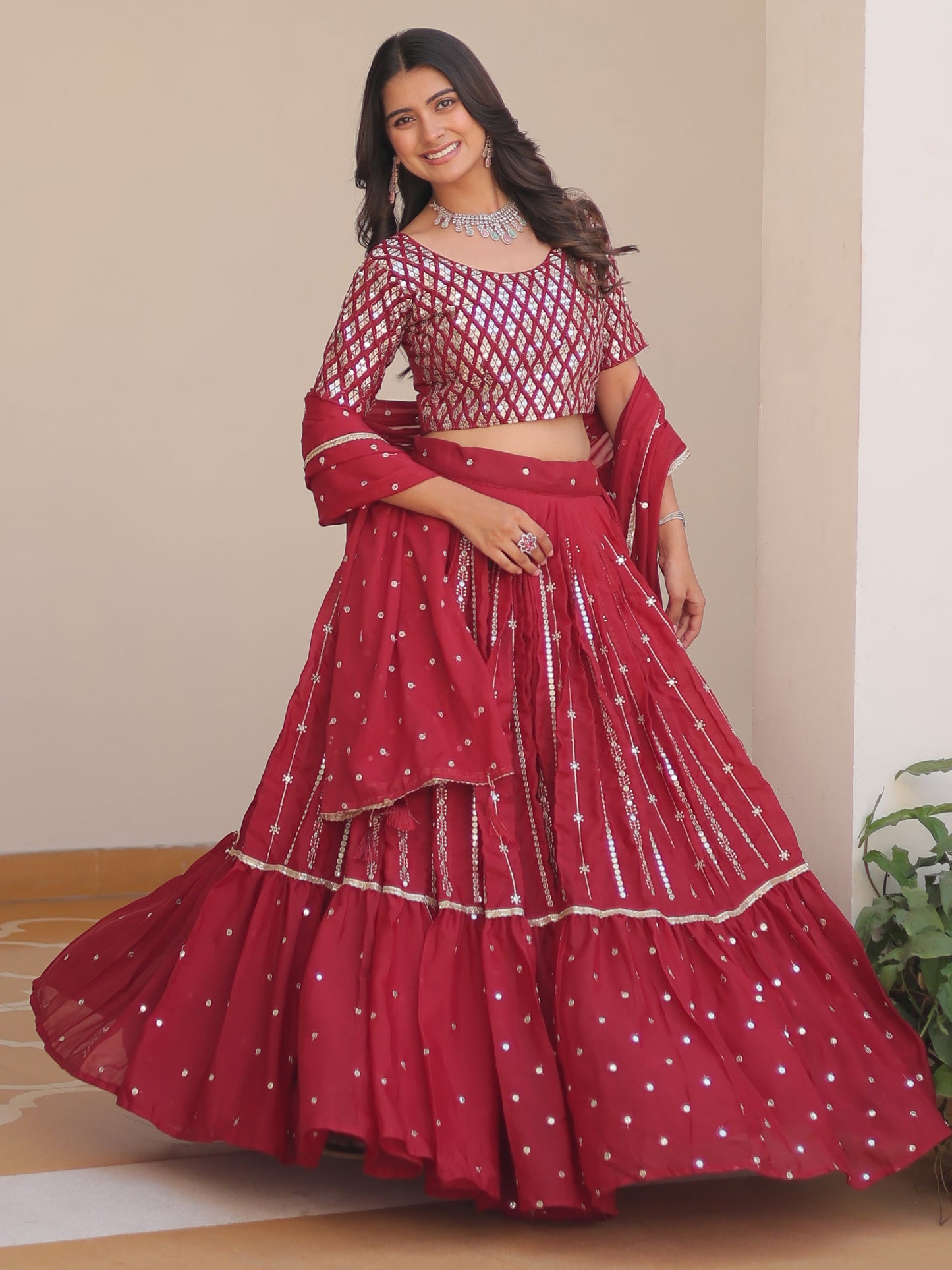 Fabulous Red Sequins Georgette Festive Wear Lehenga Choli With Dupatta