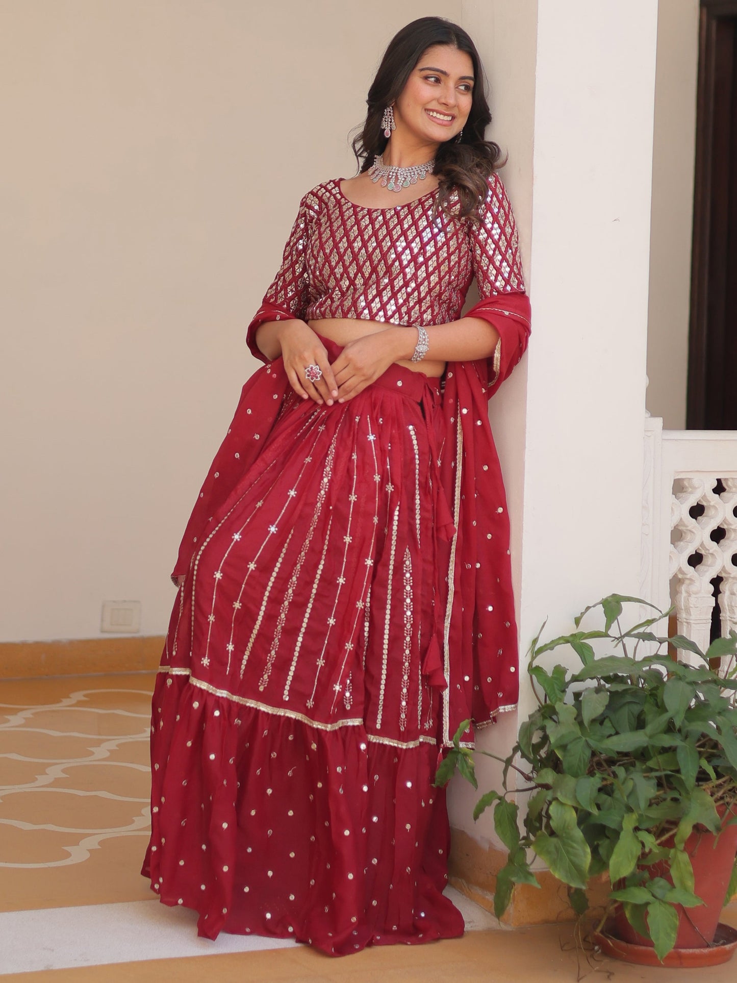 Fabulous Red Sequins Georgette Festive Wear Lehenga Choli With Dupatta