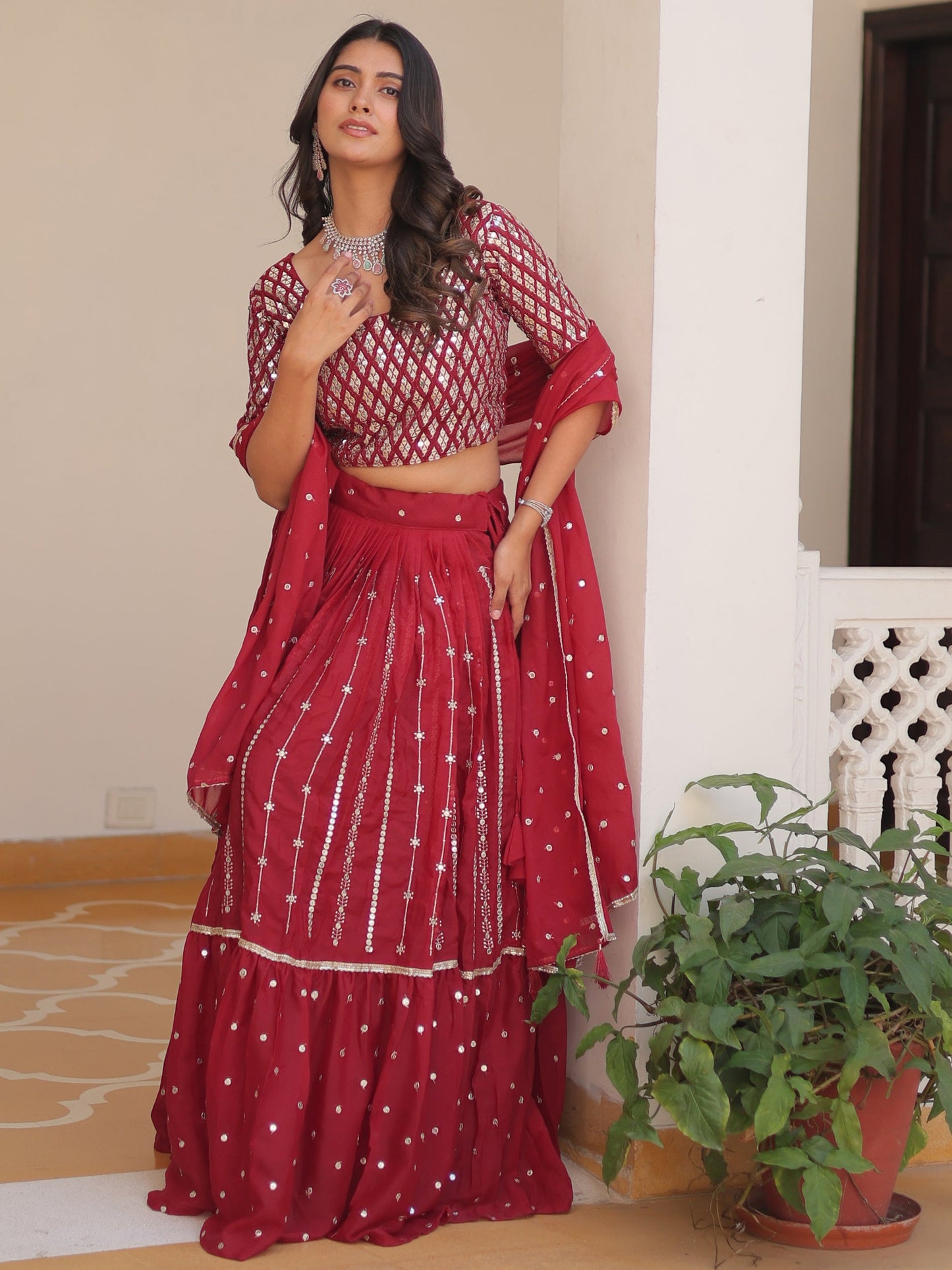Fabulous Red Sequins Georgette Festive Wear Lehenga Choli With Dupatta