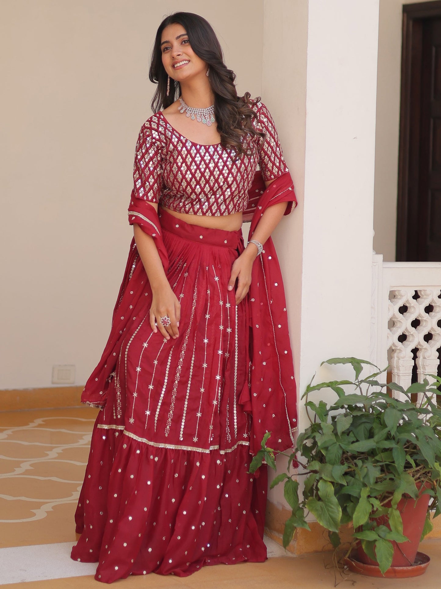 Fabulous Red Sequins Georgette Festive Wear Lehenga Choli With Dupatta
