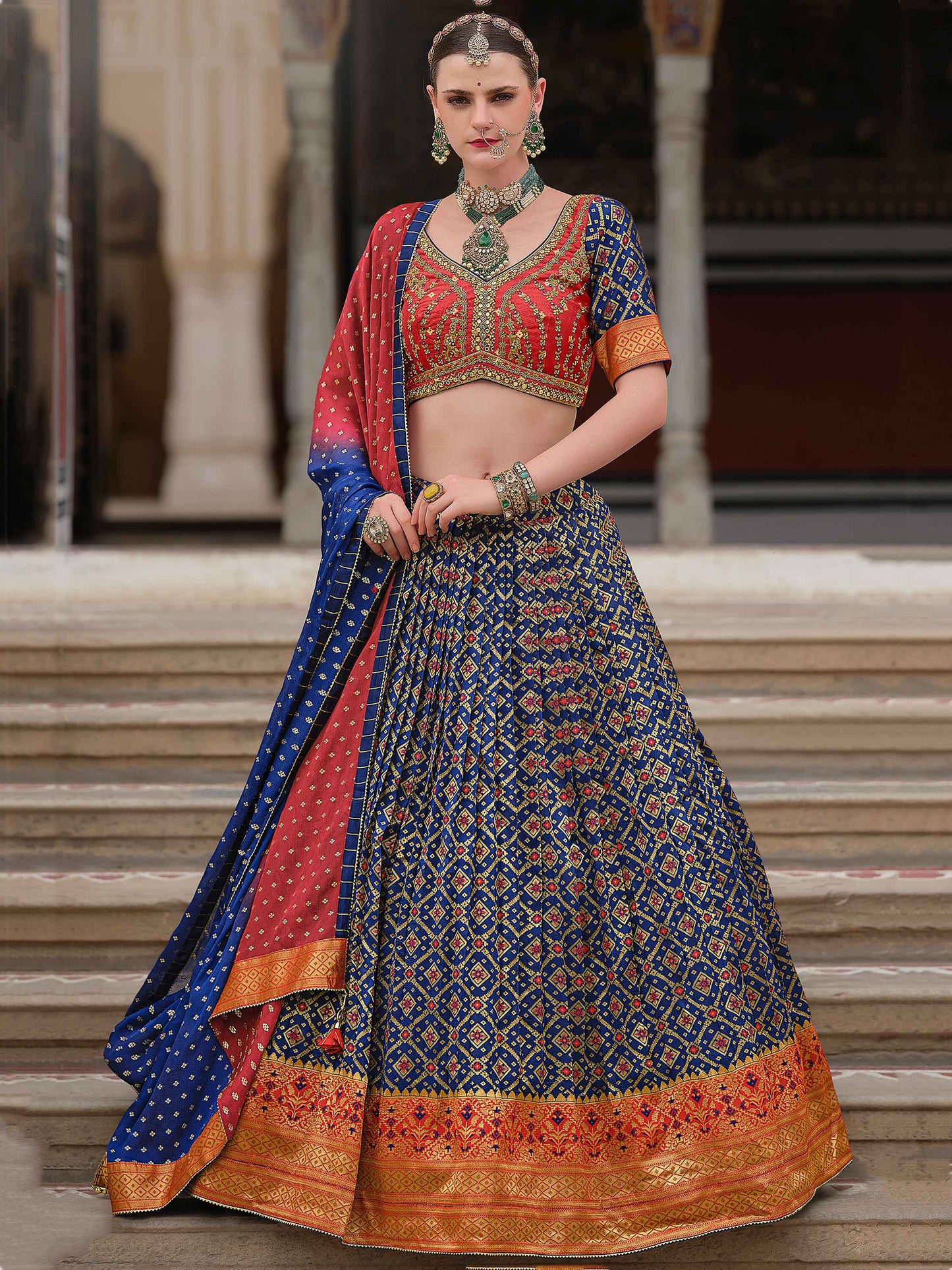 Stunning Navy Blue Bandhani Print Silk Designer Lehenga Choli