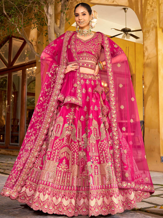 Classic Rani Pink Zarkan Embroidery Silk Bridal Lehenga Choli With Double Dupatta