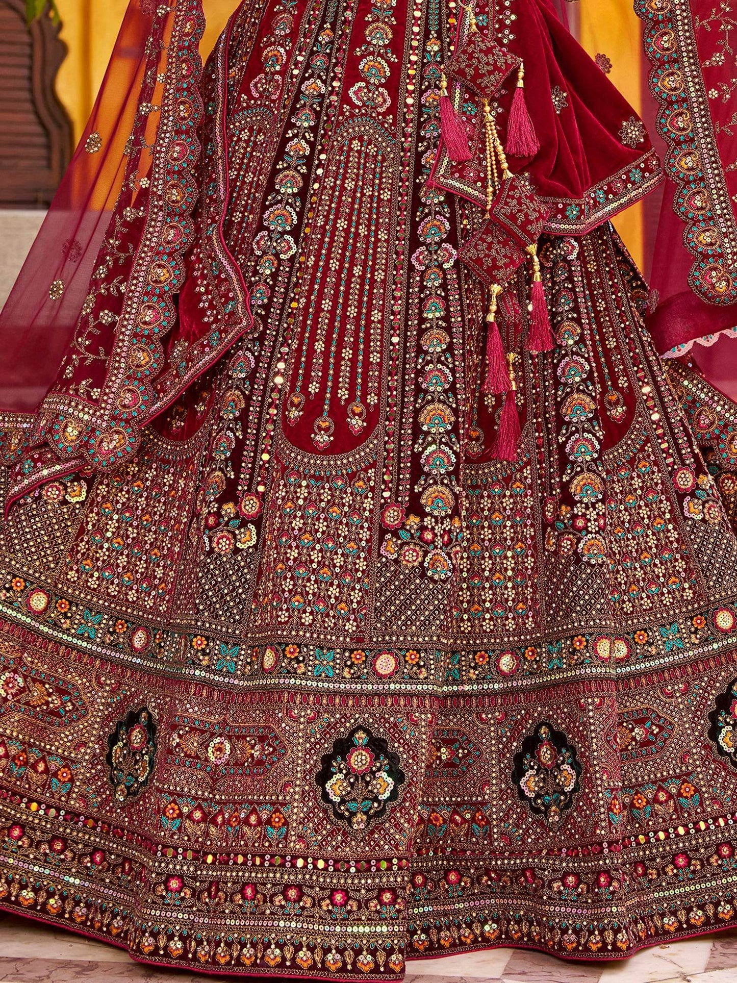 Grand Maroon Hand Embroidery Velvet Bridal Lehenga Choli With Double Dupatta