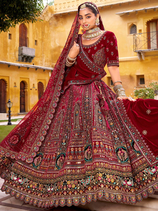 Dreamy Maroon Thread Embroidery Velvet Bridal Lehenga Choli With Double Dupatta