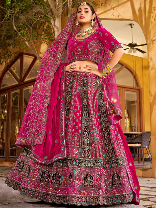 Amazing Rani Pink Floral Embroidery Velvet Bridal Lehenga Choli With Double Dupatta