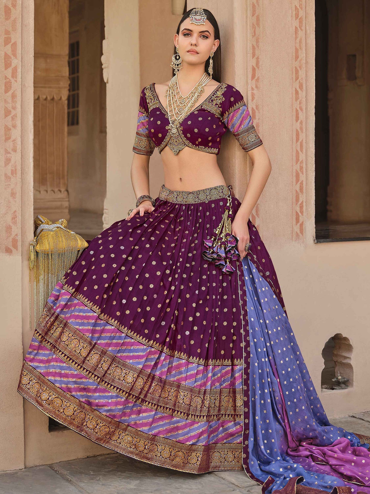 Beautiful Wine Color Sequins Silk Designer Lehenga Choli With Dupatta
