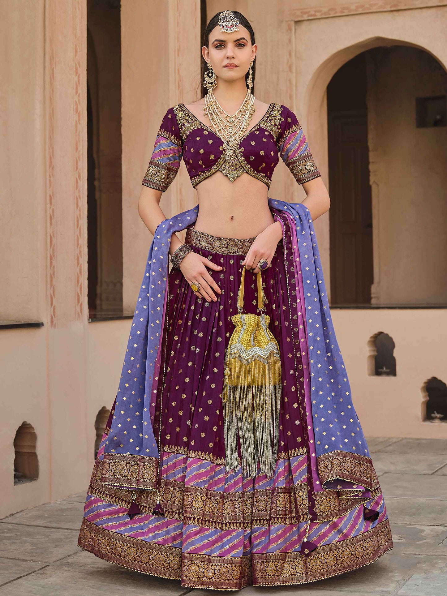 Beautiful Wine Color Sequins Silk Designer Lehenga Choli With Dupatta