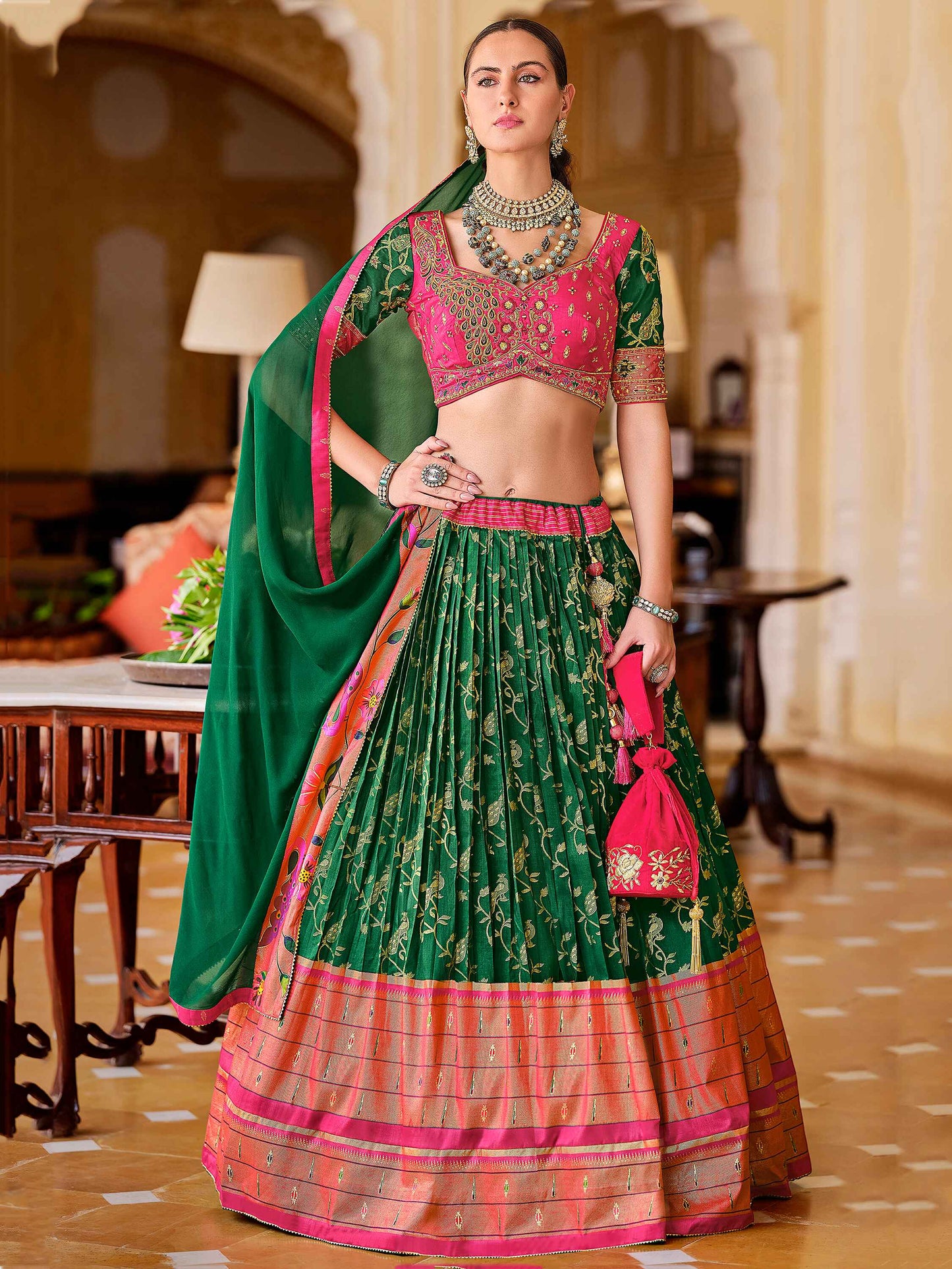 Glorious Green Foil Print Silk Bridesmaid Lehenga Choli With Dupatta