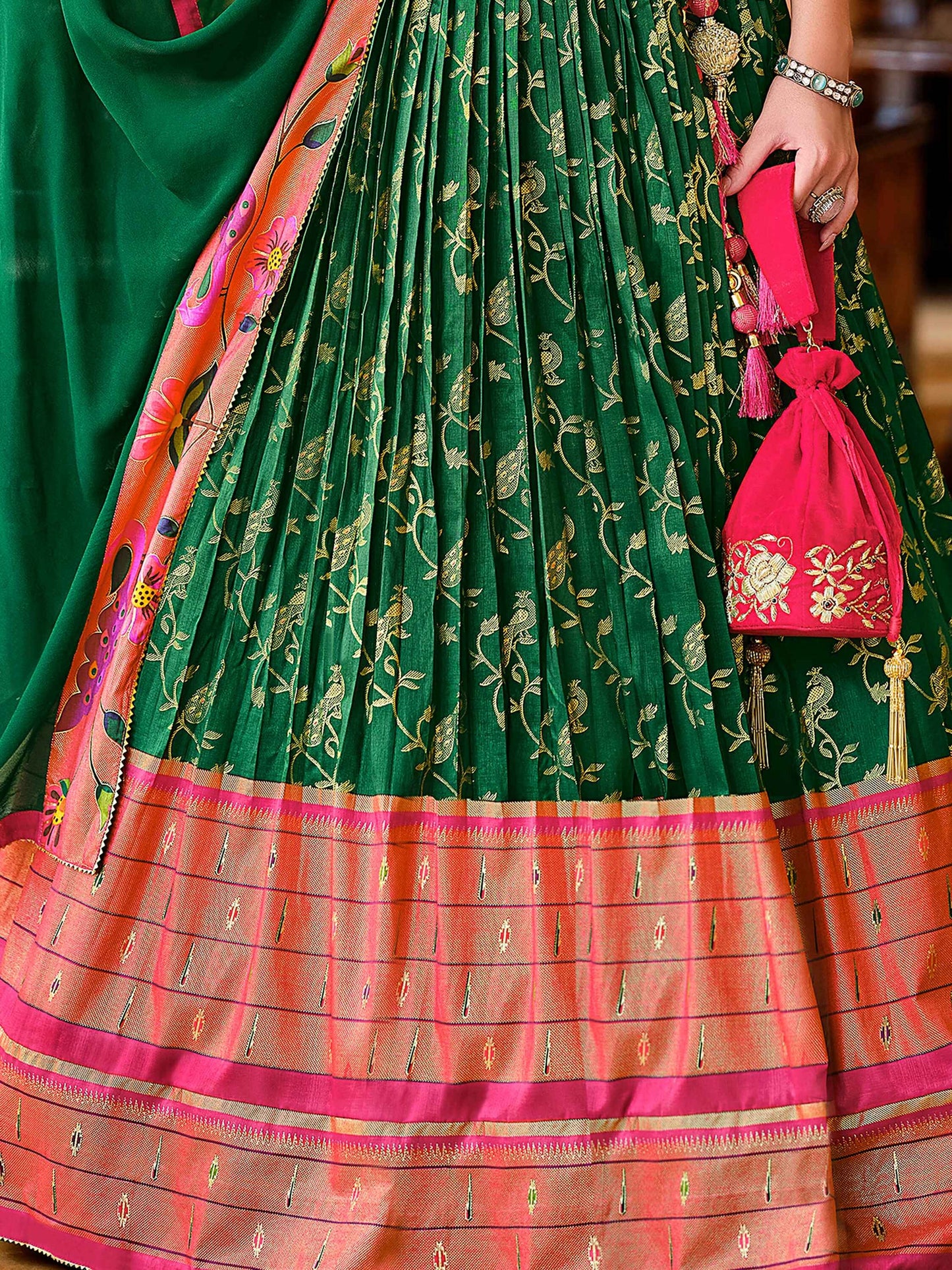 Glorious Green Foil Print Silk Bridesmaid Lehenga Choli With Dupatta